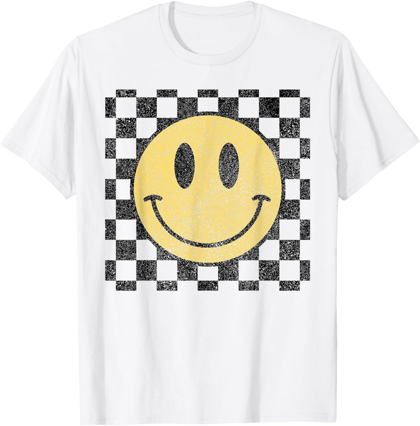 Retro Happy Face Checkered Pattern Smile Face Trendy T-Shirt - T-Shirt | White
