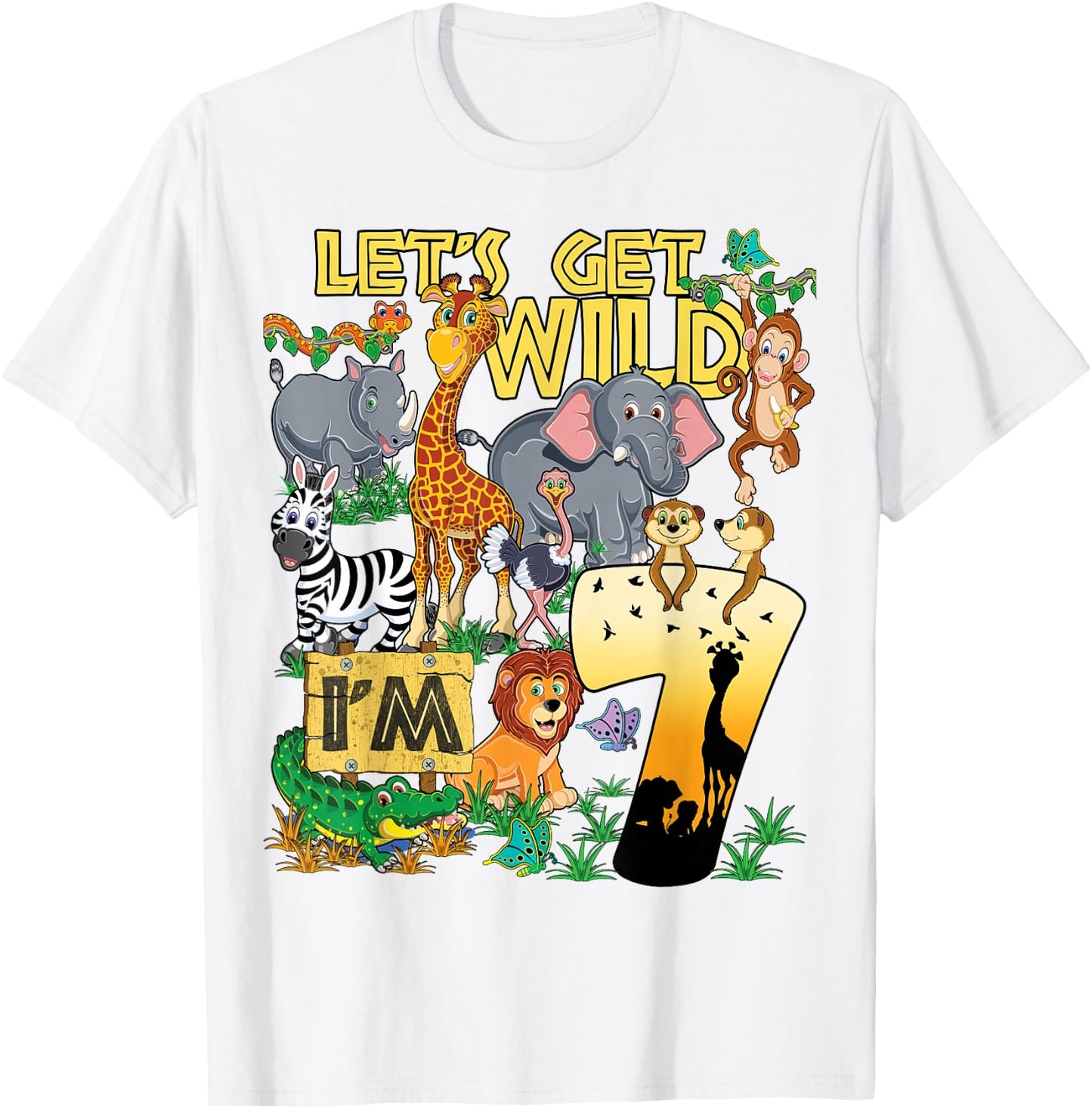 7 Year Old Zoo Safari Birthday Party Lets Get Wild I'm 7 T-Shirt - T-Shirt | White