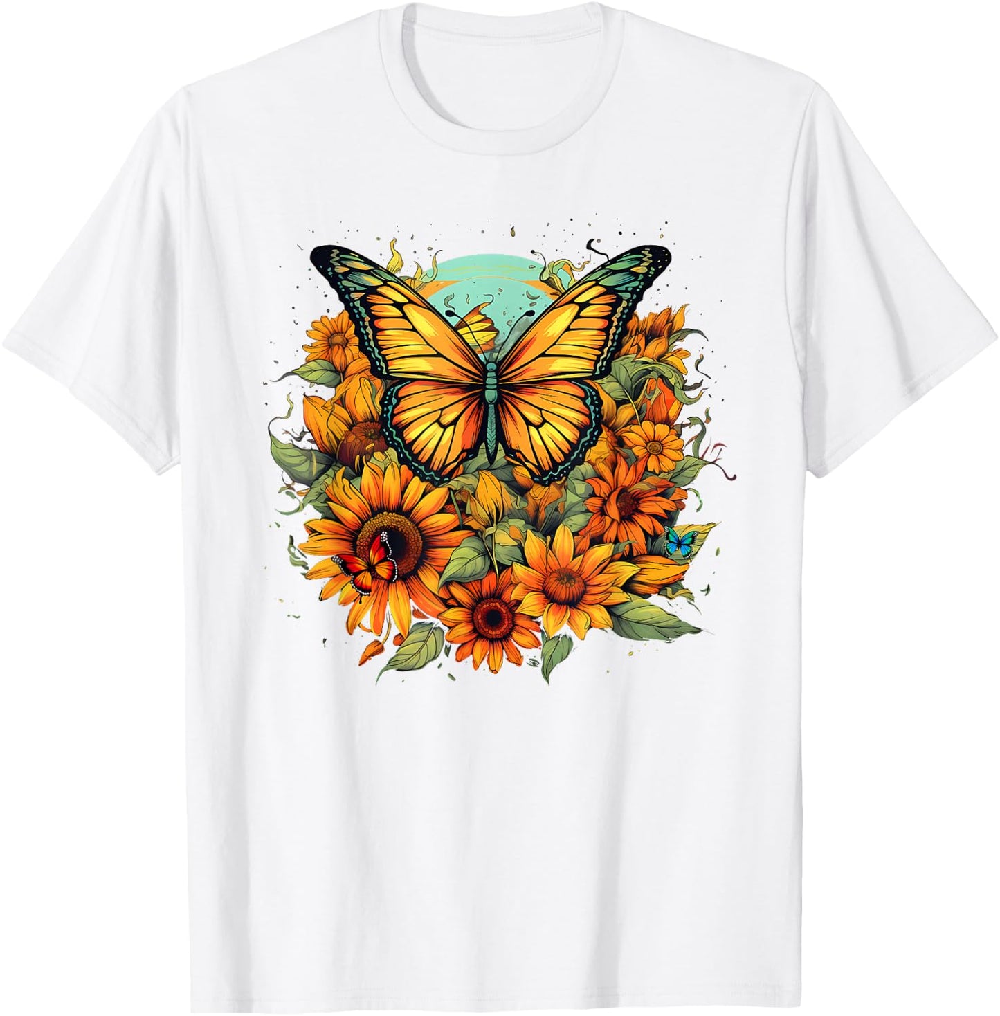 Sunflower Butterflies Design T-Shirt - T-Shirt | White
