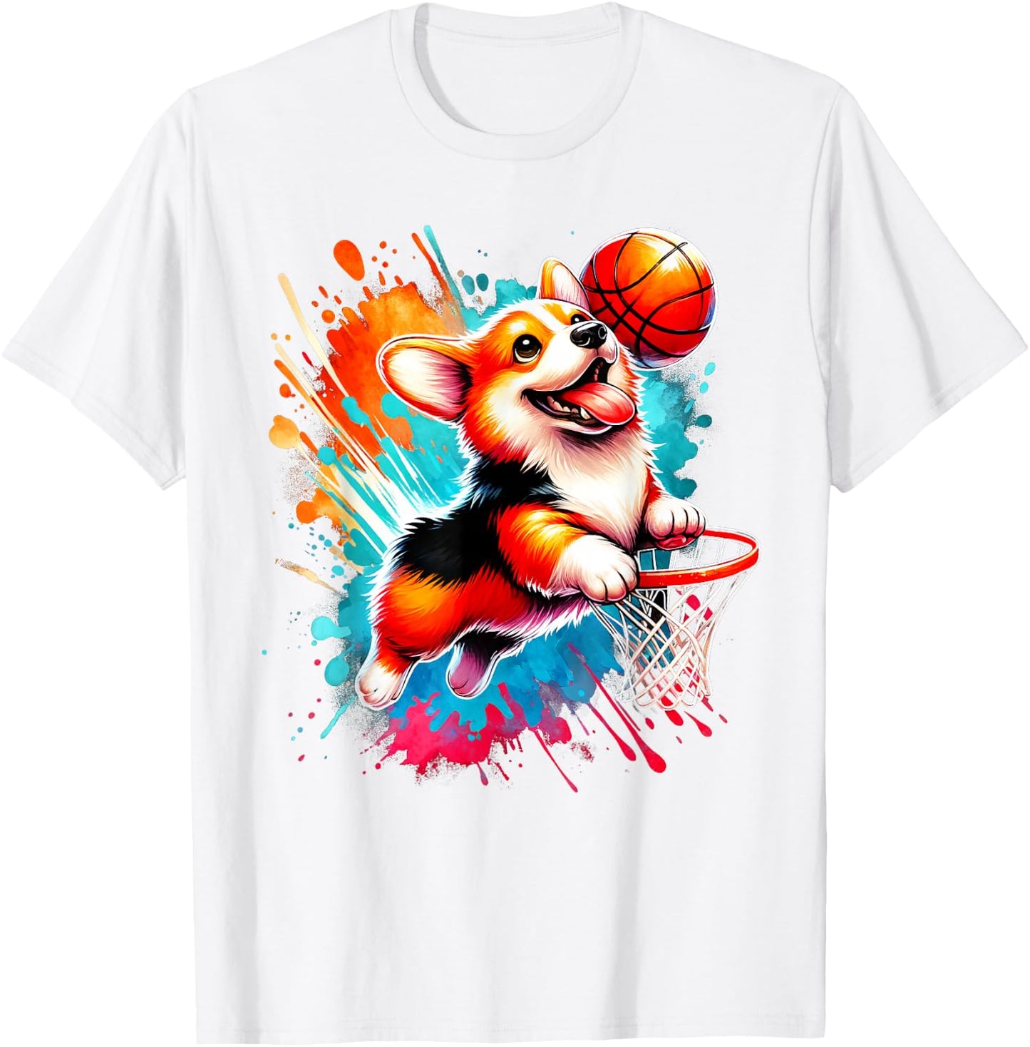 Corgi Basketball Player Colorful T-Shirt - T-Shirt | White