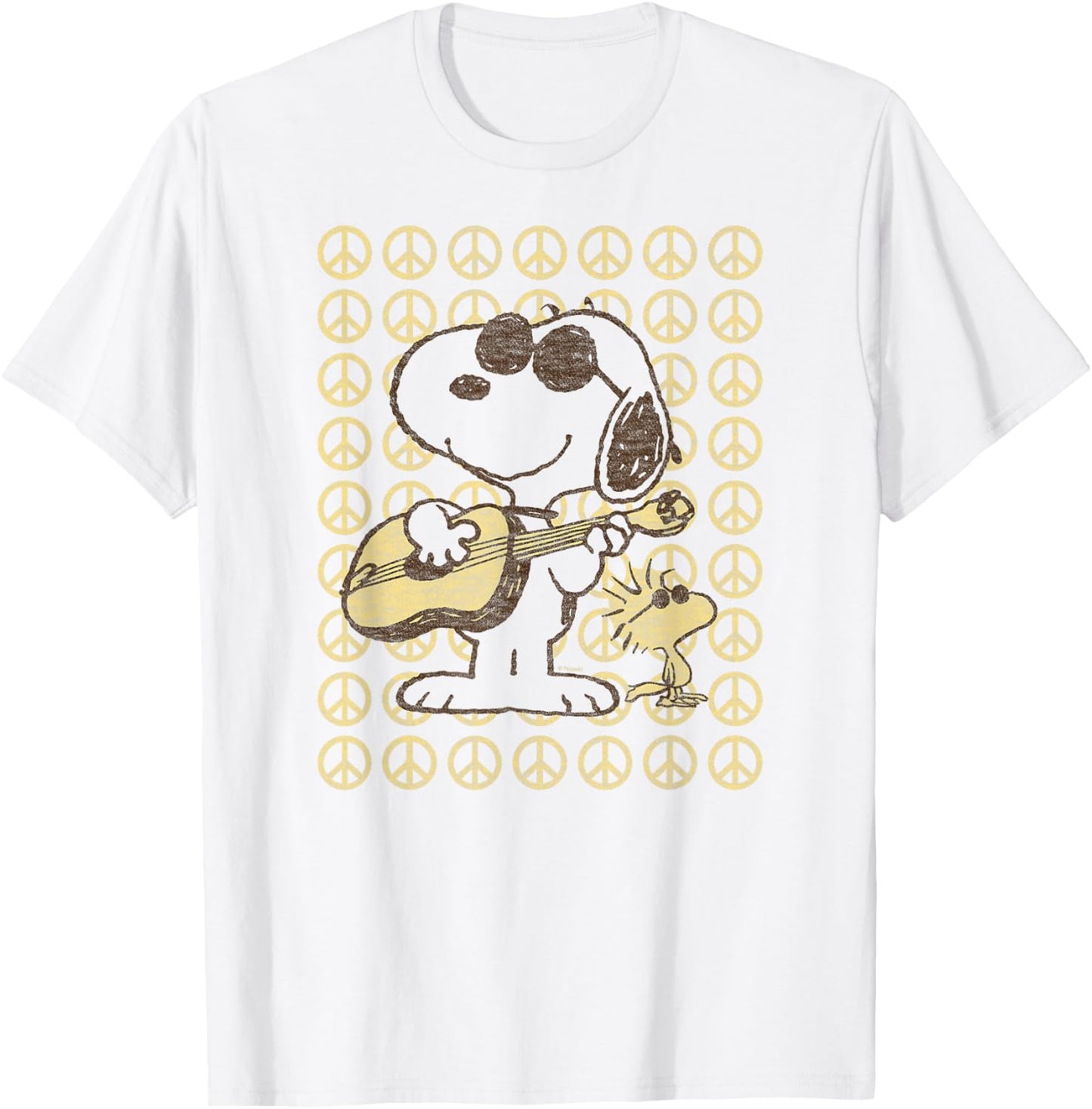 Peanuts - Snoopy Woodstock Guitar & Peace Signs T-Shirt - T-Shirt | White