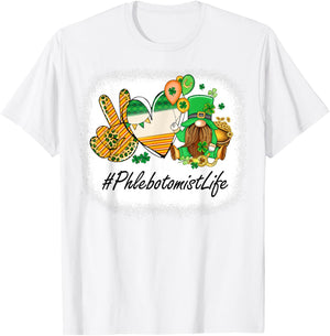 Phlebotomist Peace Love St Patricks Day Women Gnome T-Shirt - T-Shirt | White
