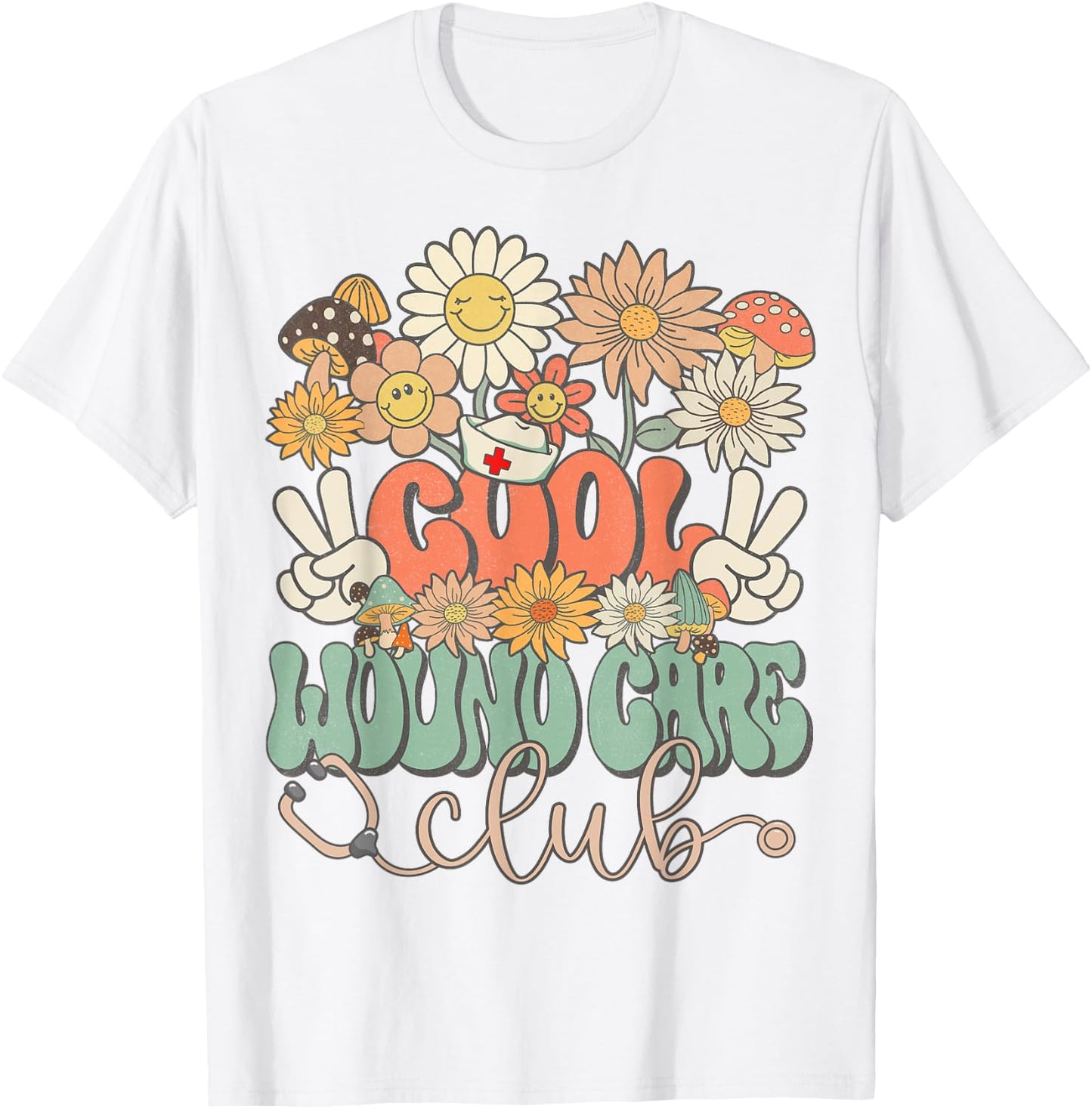 Cool Wound Care Club Floral Hippie Groovy Retro Daisy Nurse T-Shirt - T-Shirt | White