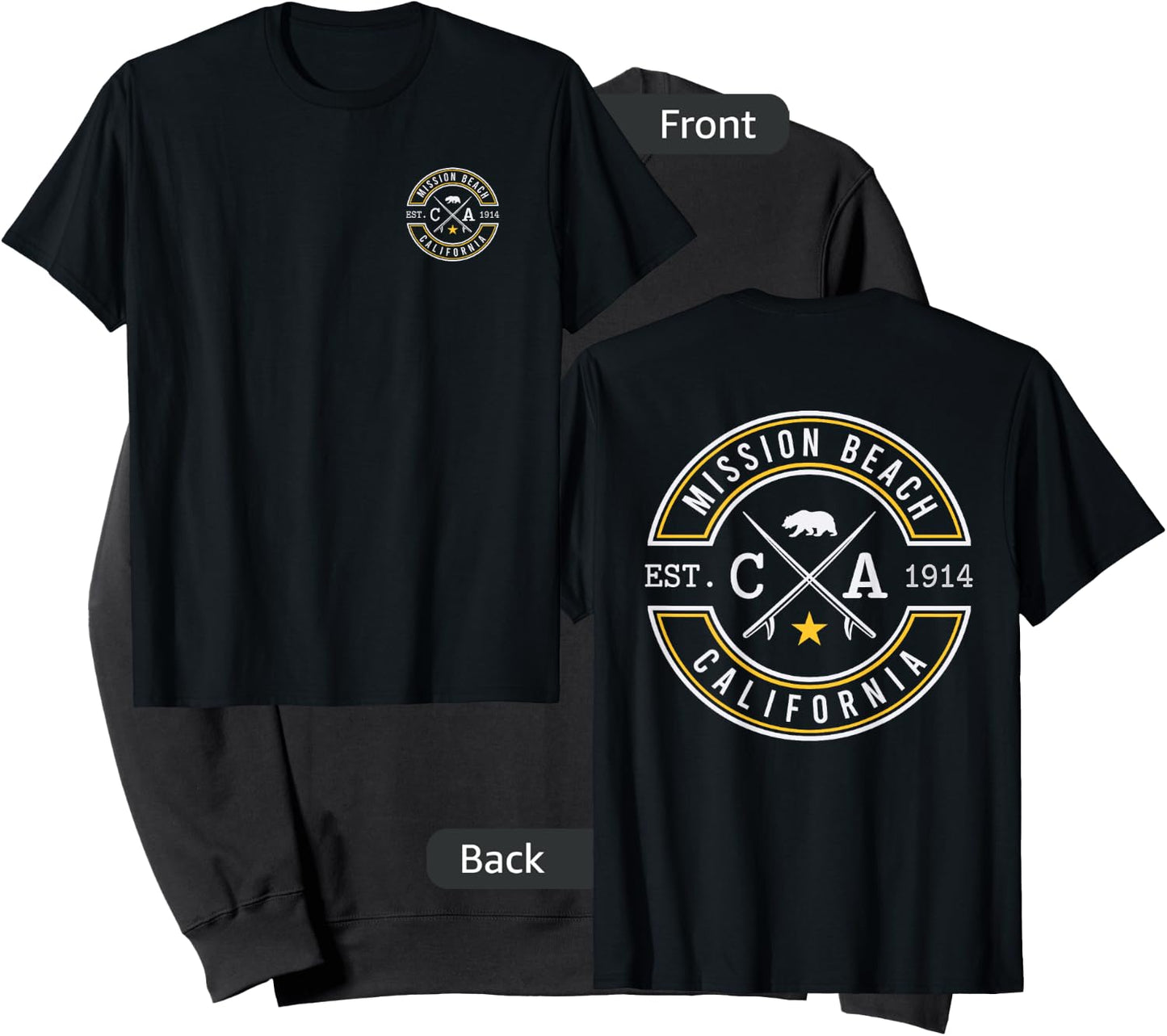 Mission Beach California CA Retro Surfer Beach Front & Back Men Women Sweatshirt - Sweatshirt | Black