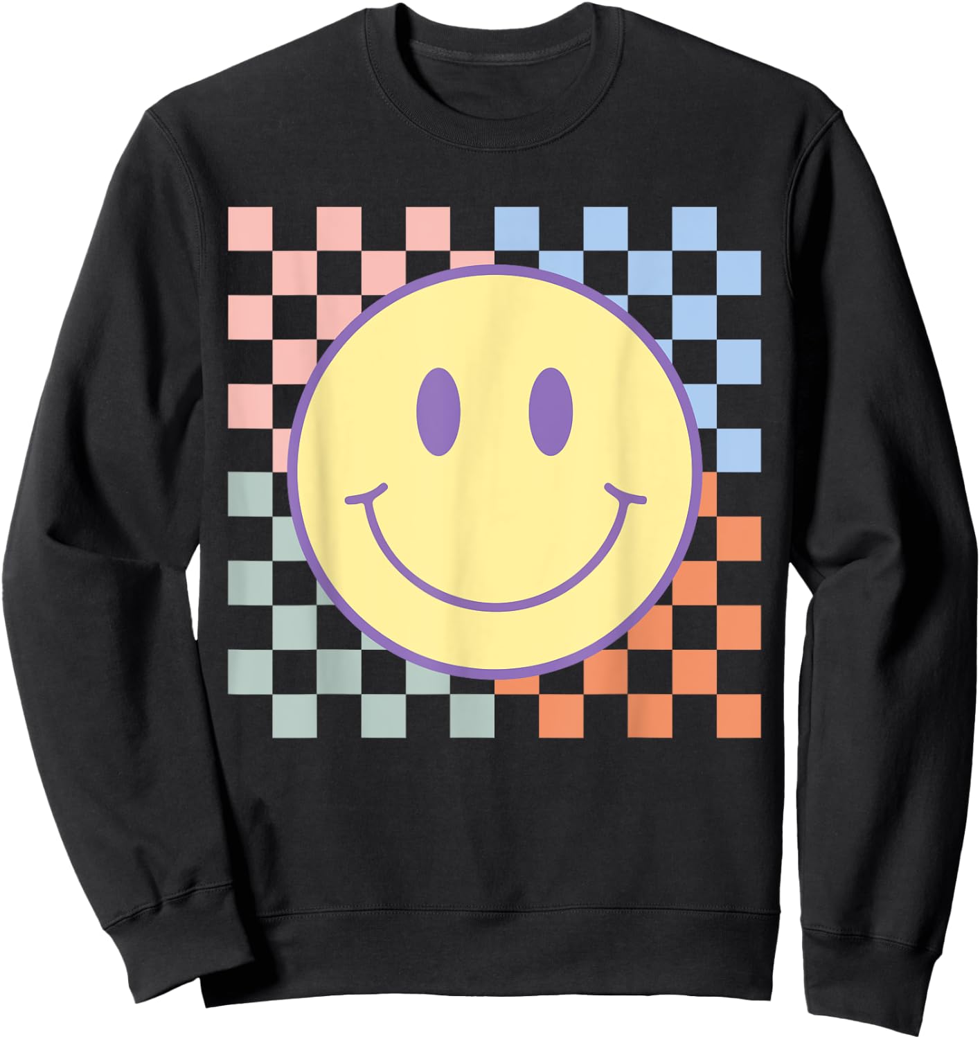 Retro Happy Face Shirt Checkered Pattern Smile Face Trendy Sweatshirt - Sweatshirt | Black