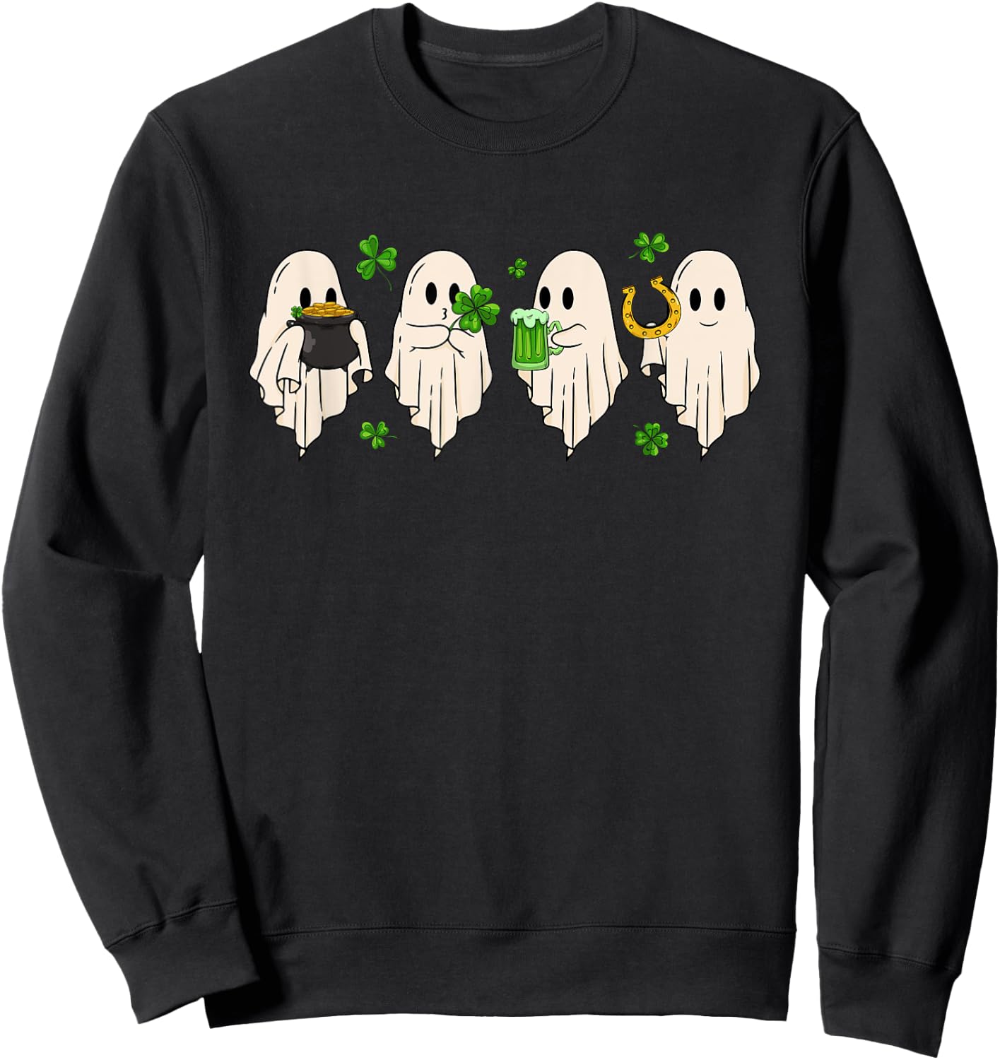 Cute Ghost Hold Clover Beer Spooky St Patrick's Day Sweatshirt - Sweatshirt | Black