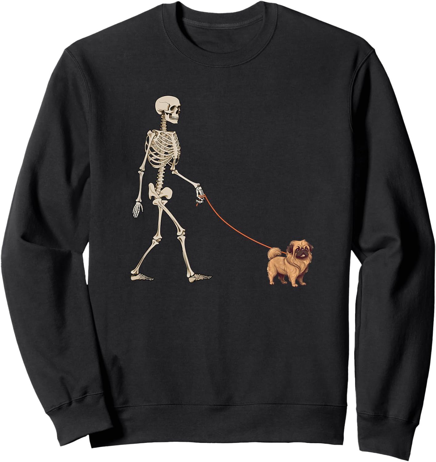Funny Pekingese Skeleton Dog Walking Halloween Dog Sweatshirt - Sweatshirt | Black