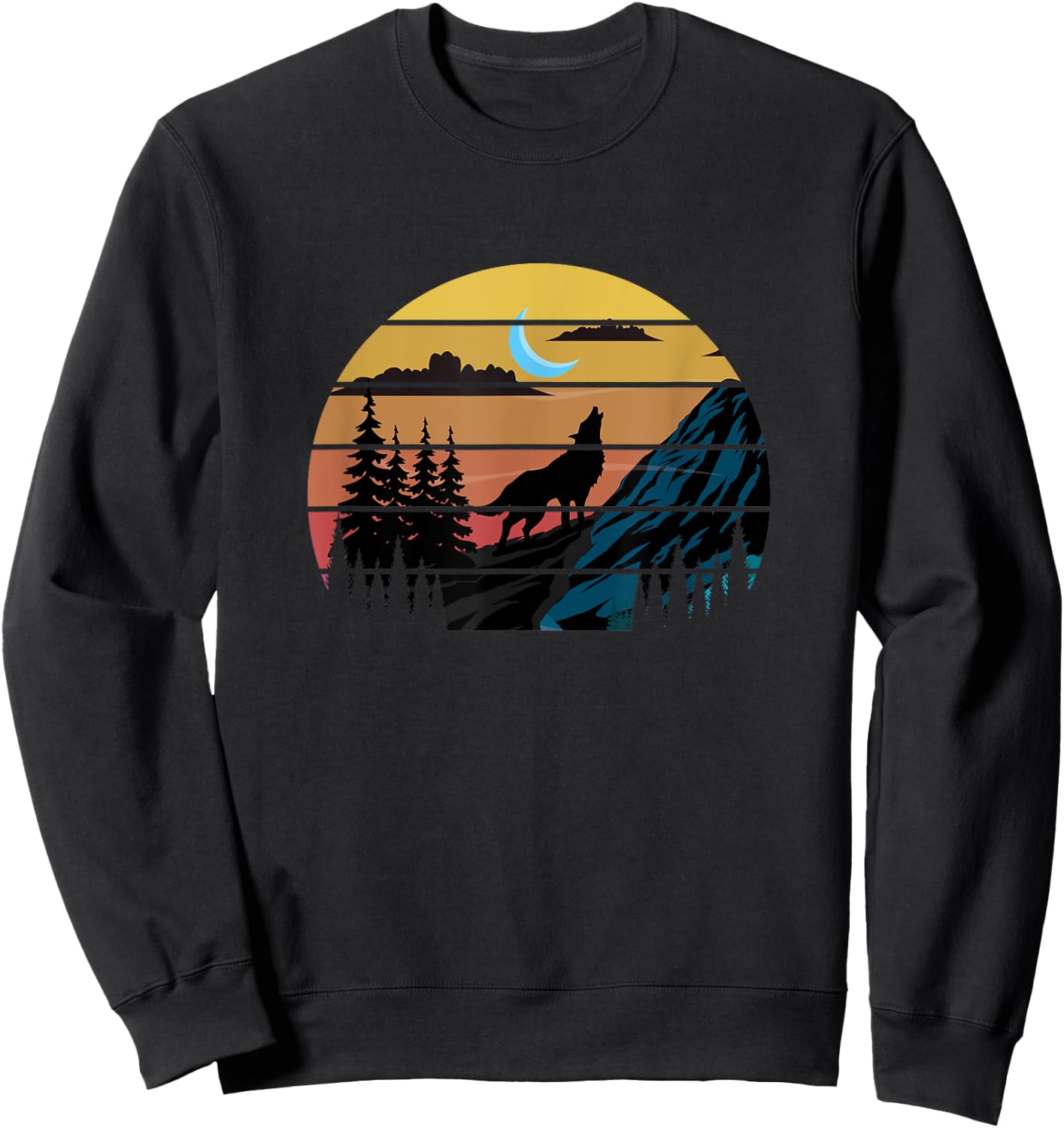 Retro Wolf Mountains Moon | Forest Nature | Wildlife Sweatshirt - Sweatshirt | Black