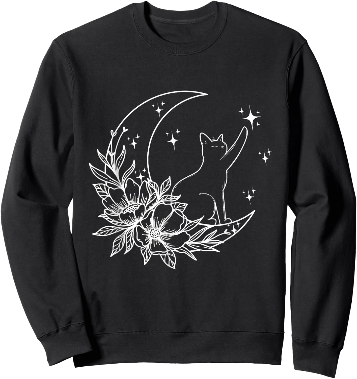 Crescent Moon Cat Star Mystical Celestial Women Girls Kids Sweatshirt - Sweatshirt | Black