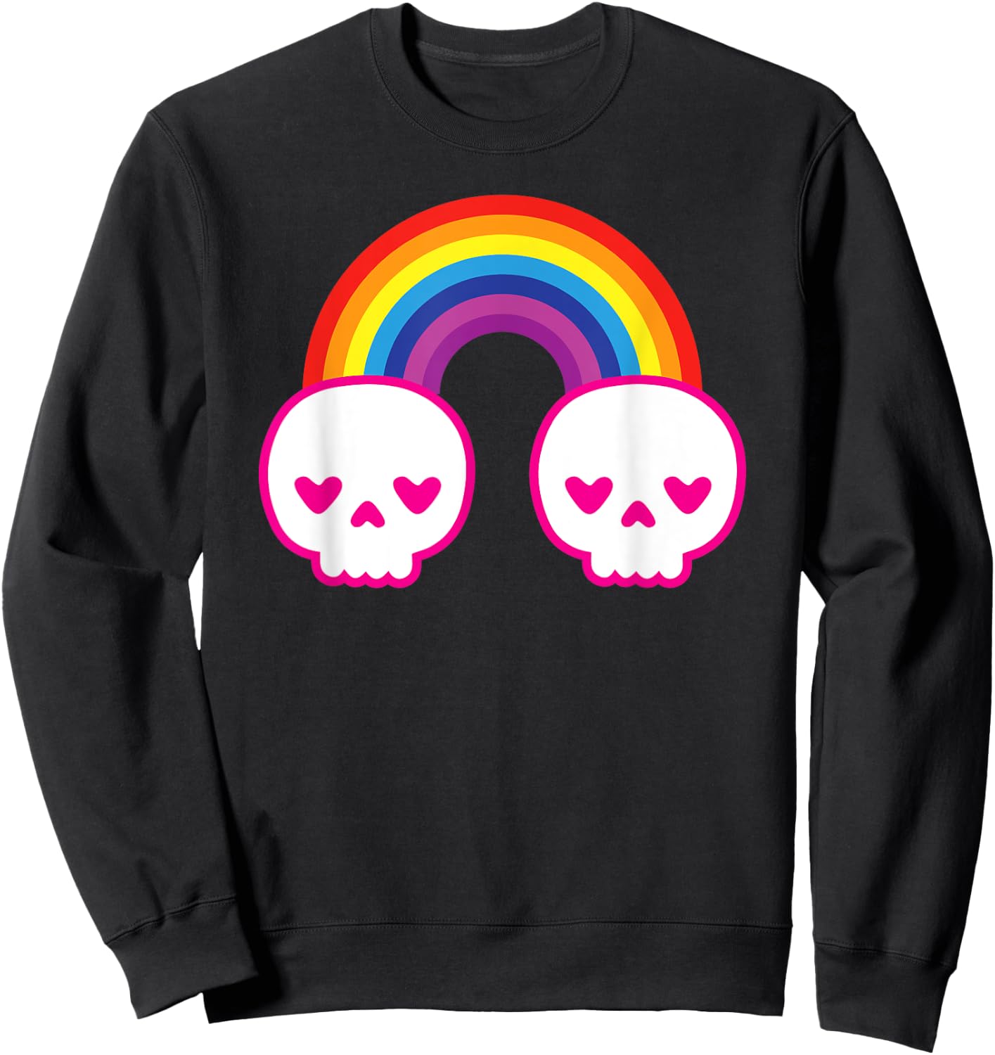 Colorful Kawaii Cute Rainbow Skulls with Heart Shape Eyes Sweatshirt - Sweatshirt | Black