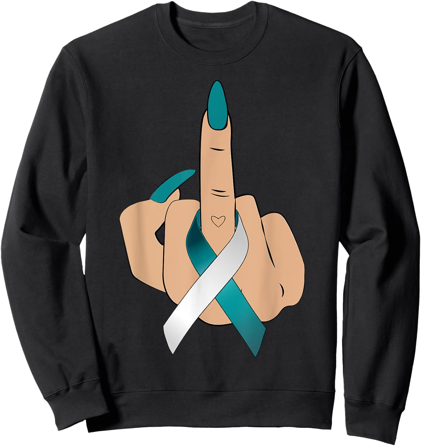 Middle Finger Woman Teal White Ribbon Cervical Cancer Women Sweatshirt - Sweatshirt | Black
