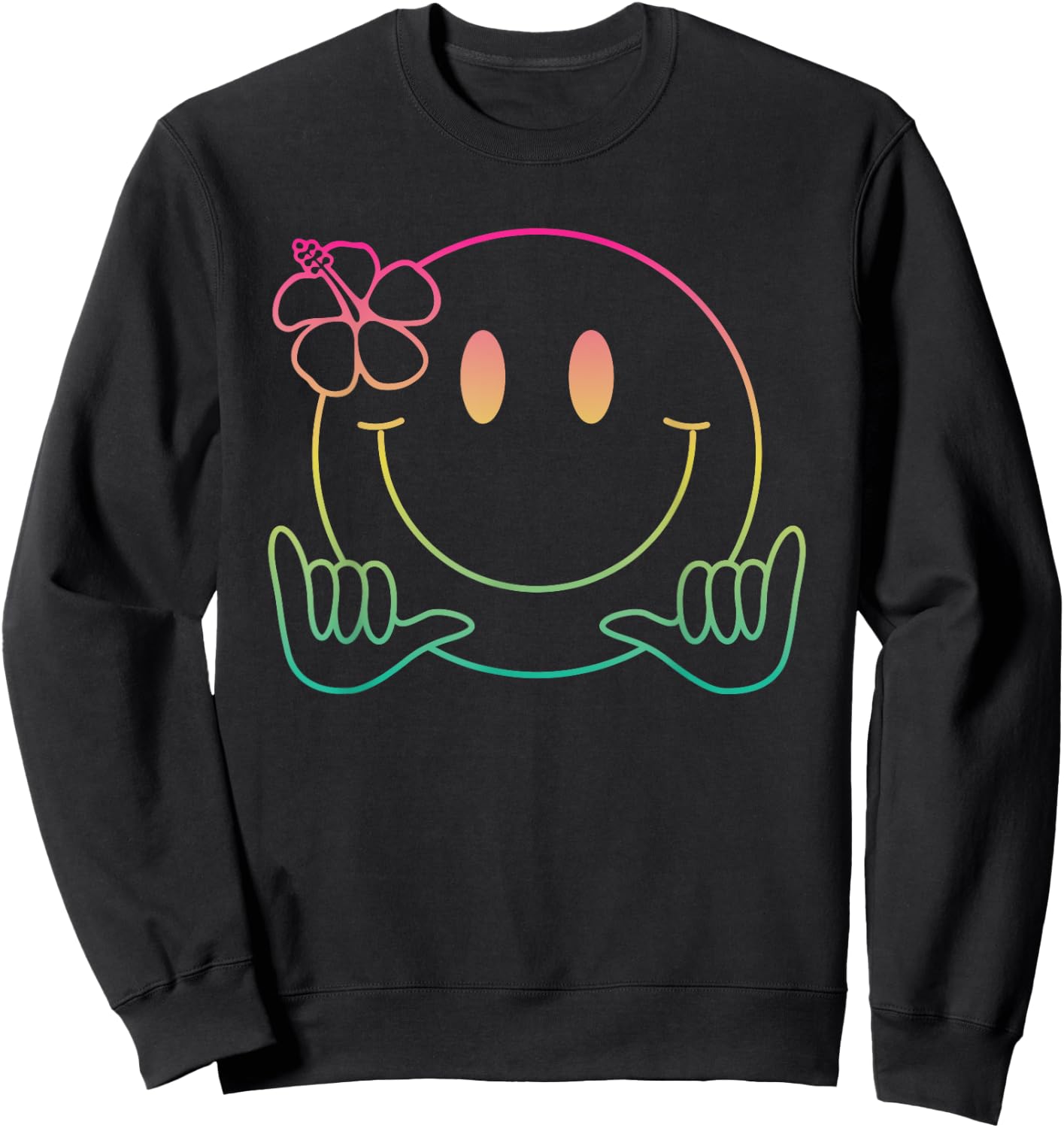 Hibiscus Shaka Smile Face Rainbow Happy Face Aloha Hawaiian Sweatshirt - Sweatshirt | Black