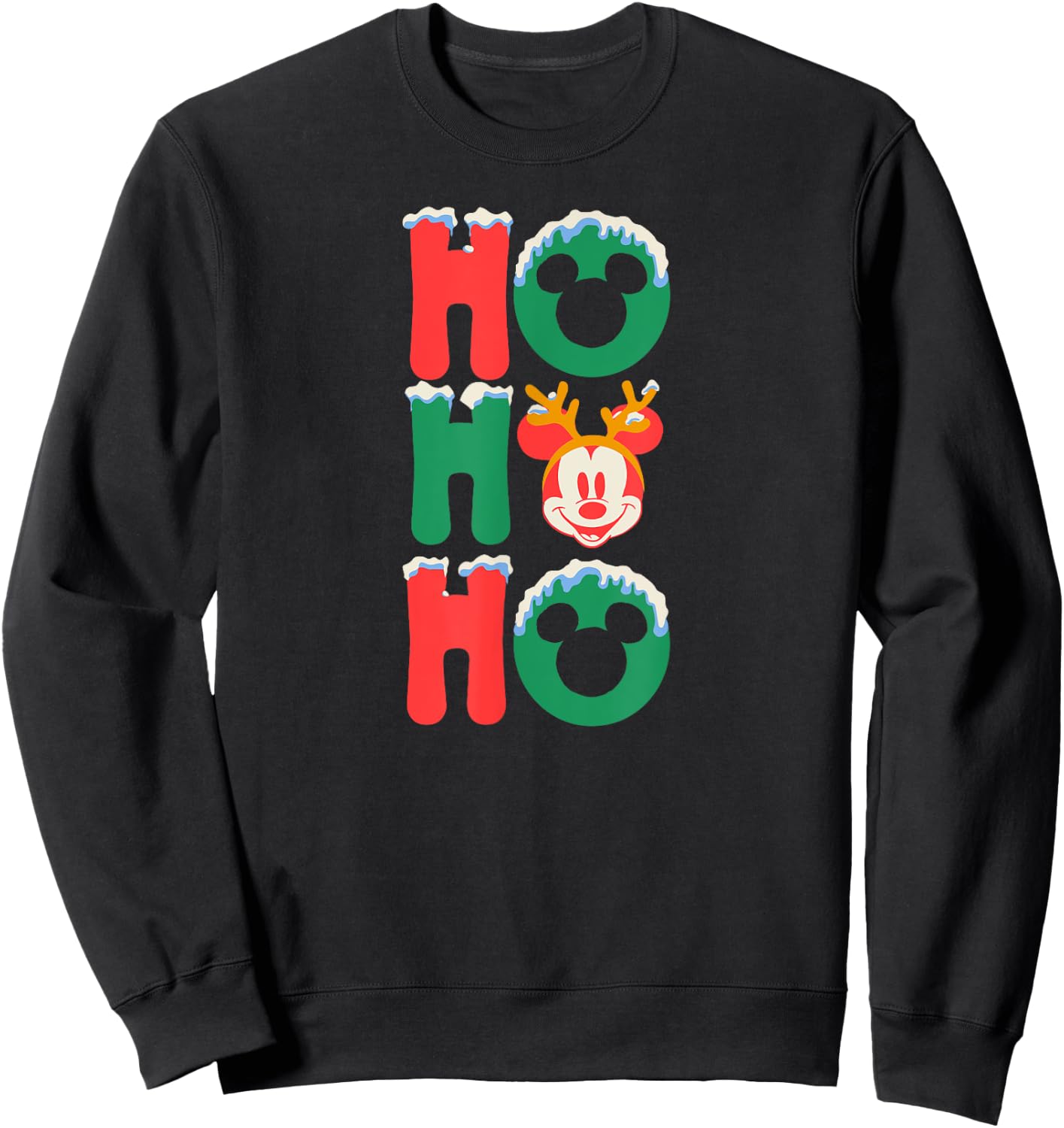 Amazon Essentials Men's Mickey Mouse Ho Ho Ho Snowy Christmas Antlers , Black Graphic Print, Small Sweatshirt - Sweatshirt | Black