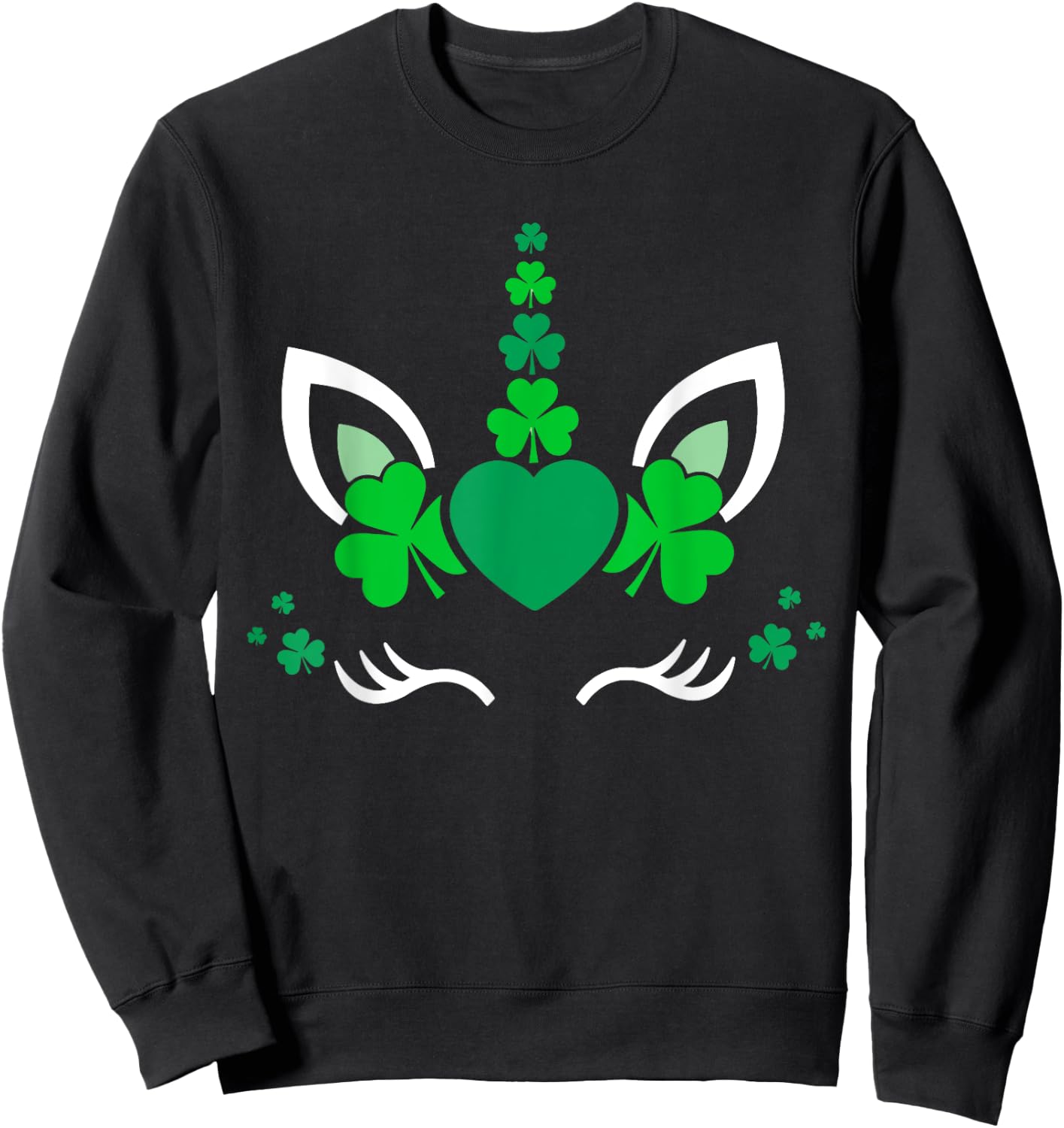 Unicorn Face St Patricks Day Irish Shamrock Women Girls Kids Sweatshirt - Sweatshirt | Black