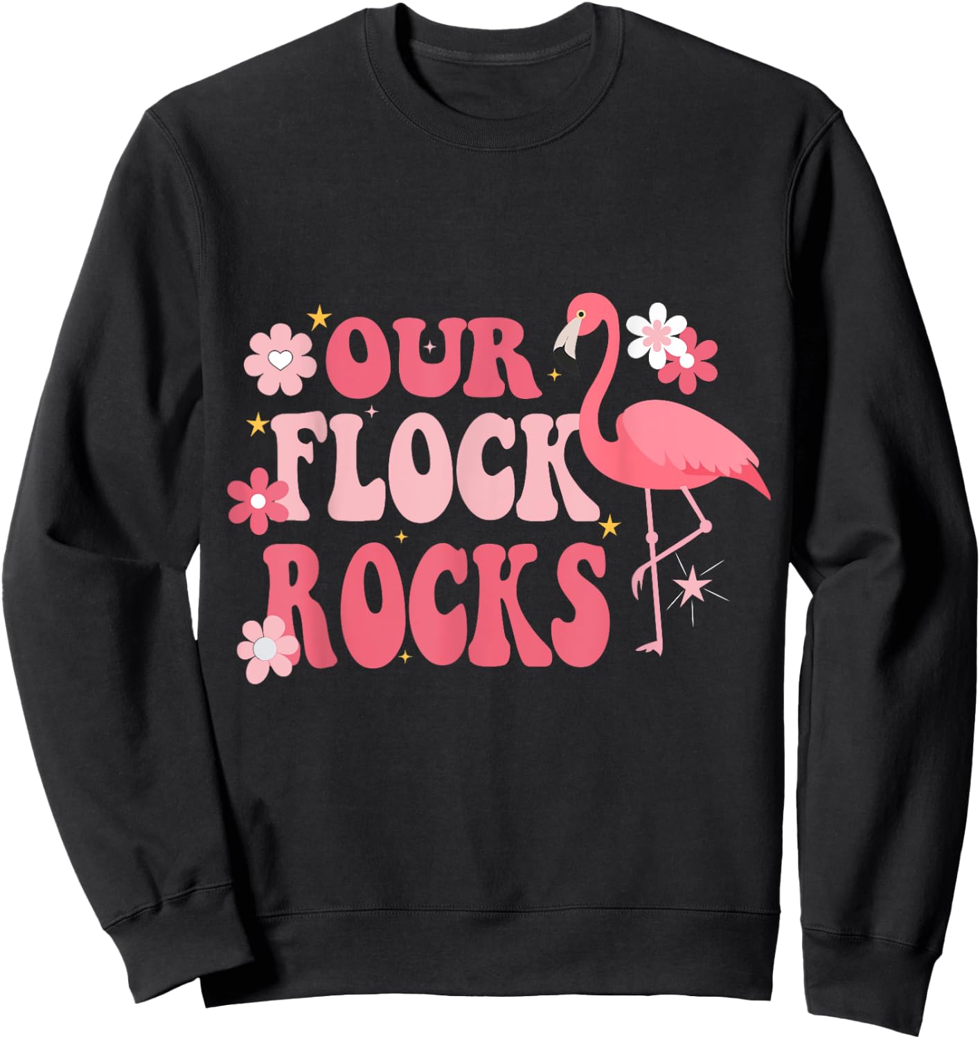Our Flock Rocks Flamingo Mother's Day Groovy Sweatshirt - Sweatshirt | Black
