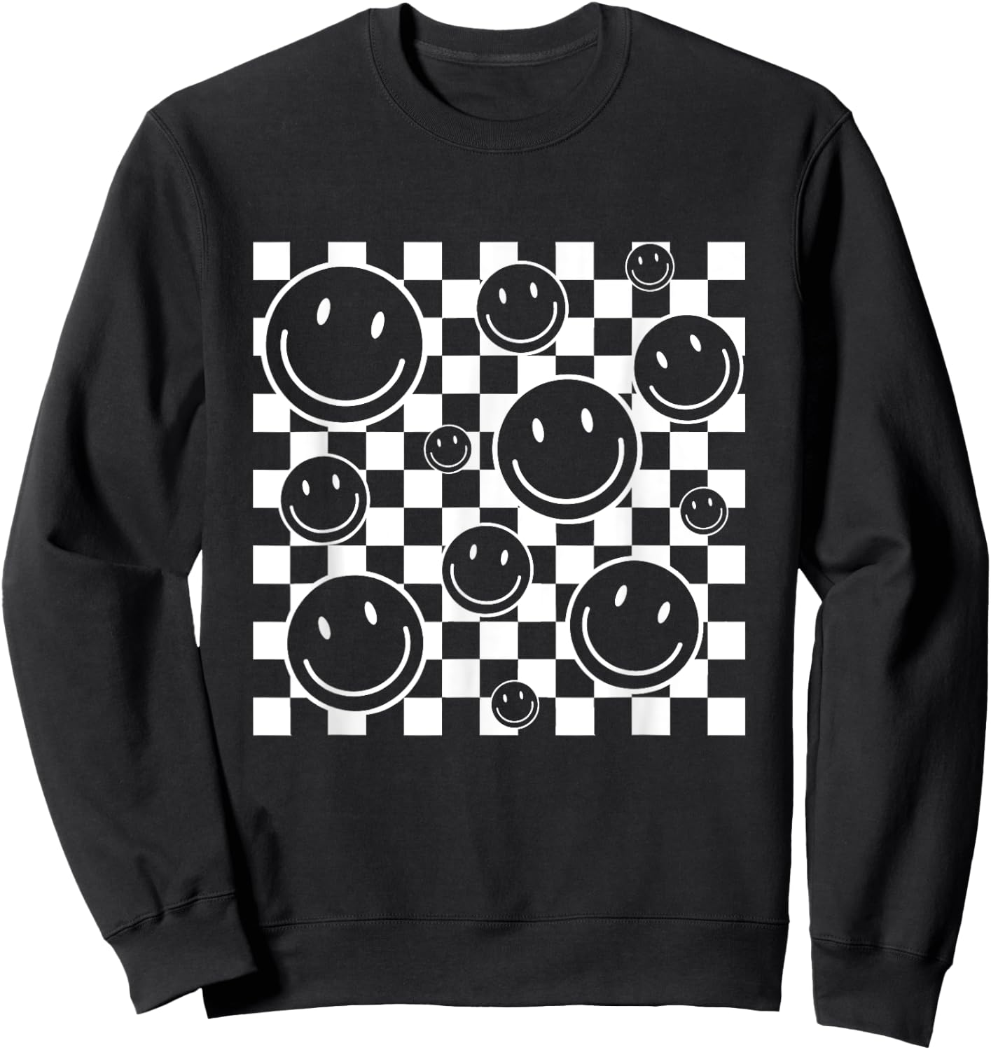 Retro Happy Face Checkered Flag Pattern Men Kids Sweatshirt - Sweatshirt | Black