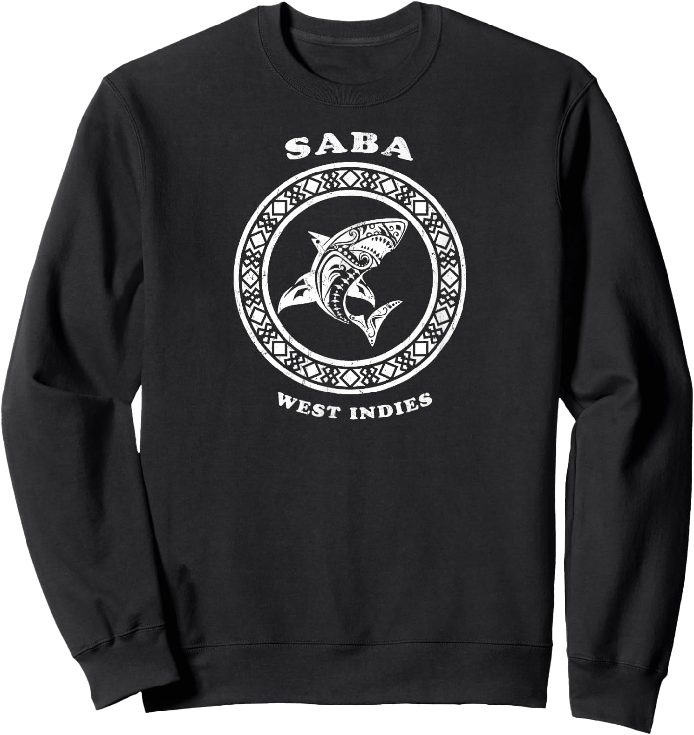 Saba, West Indies Vintage Retro Tribal Shark Vacation Sweatshirt - Sweatshirt | Black