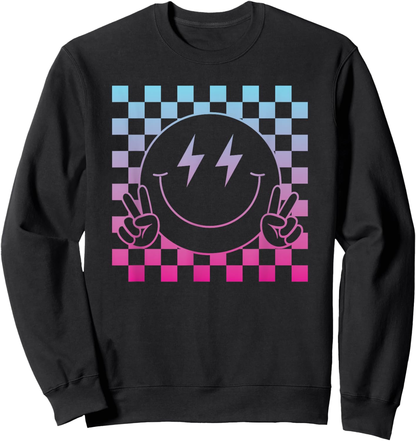 Lightning Eyes Smile Face Shirt Cute Checkered Smiling Happy Sweatshirt - Sweatshirt | Black