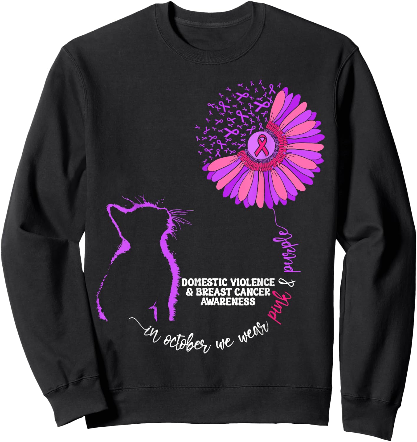 Cat Domestic Violence And Breast Cancer Awareness Groovy Men Women Girls Kids Sweatshirt - Sweatshirt | Black