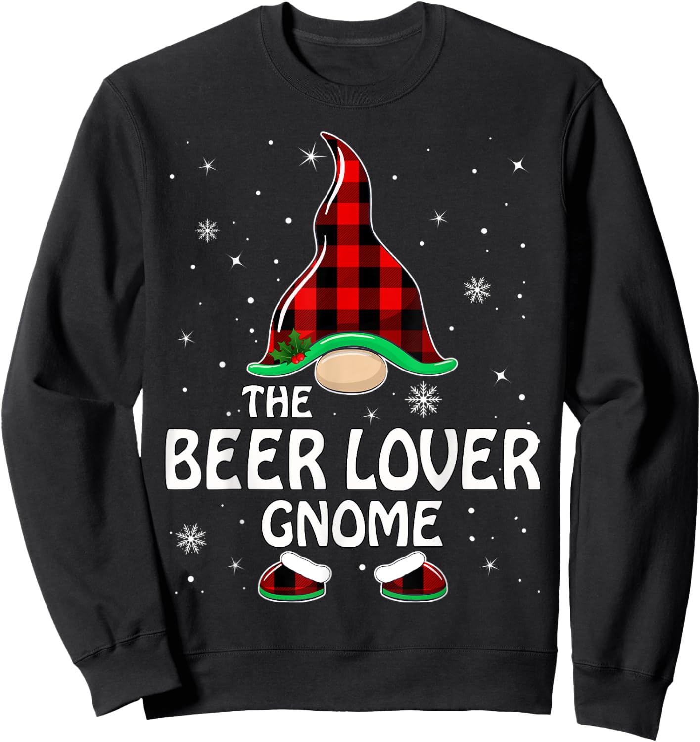Beer Lover Gnome Buffalo Plaid Matching Family Christmas Sweatshirt - Sweatshirt | Black