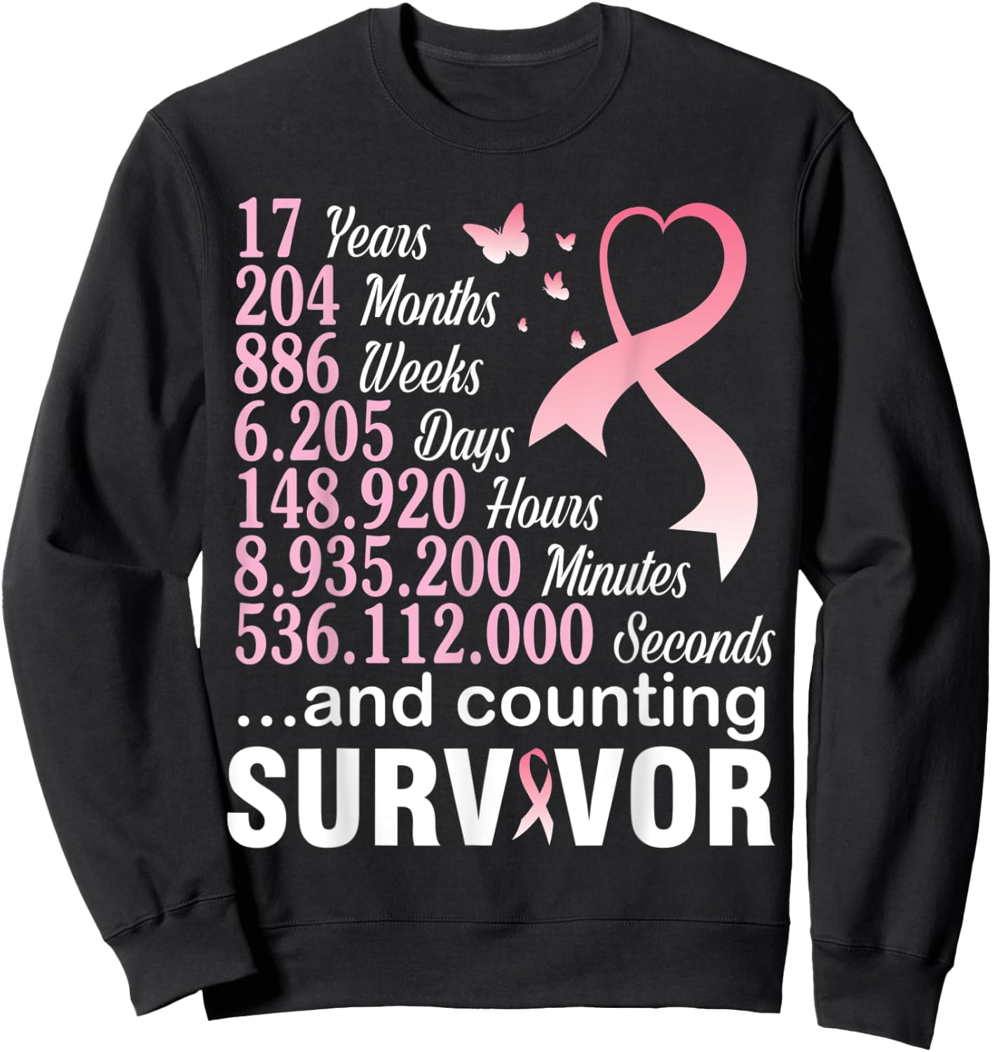 17 Years 204 Months & Counting Survivor Fight Breast Cancer Sweatshirt - Sweatshirt | Black