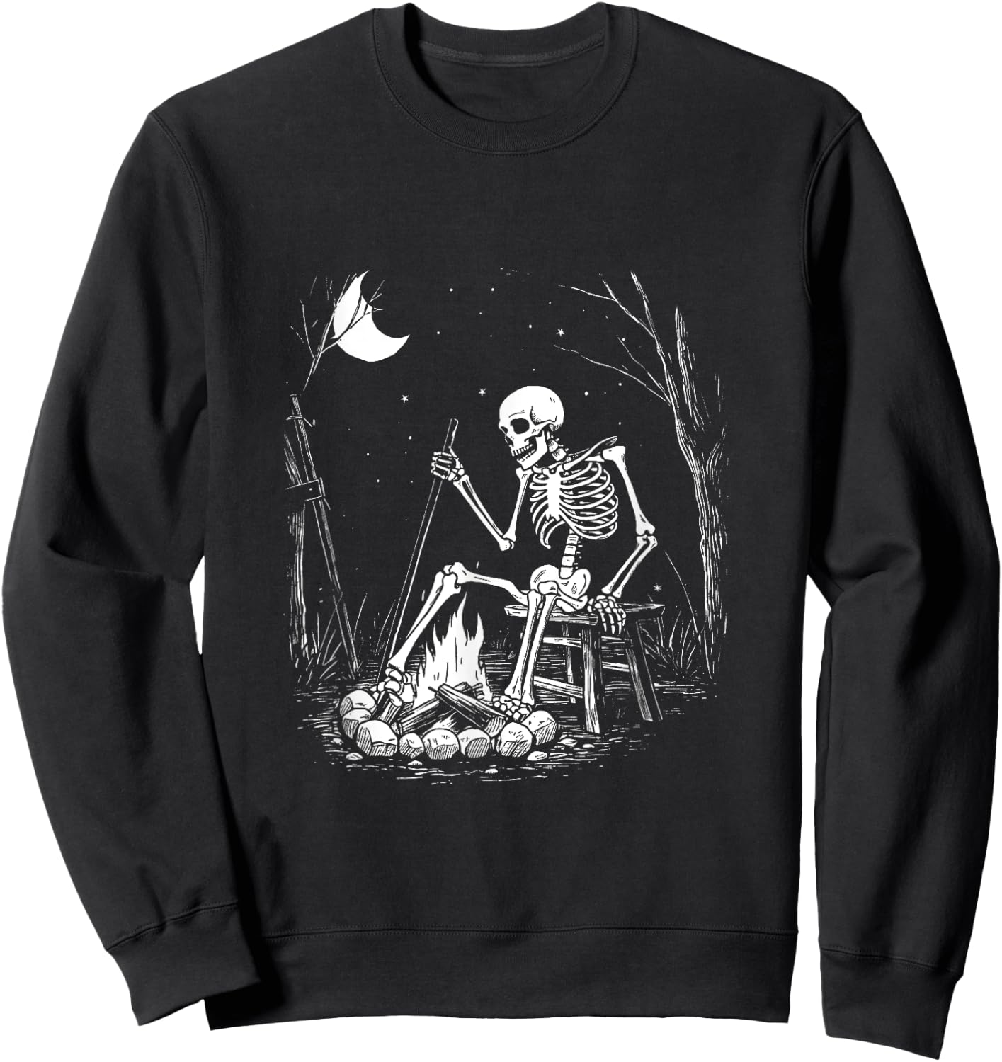 Camping Skeleton Bones Halloween Forest Campfire Graphic Sweatshirt - Sweatshirt | Black