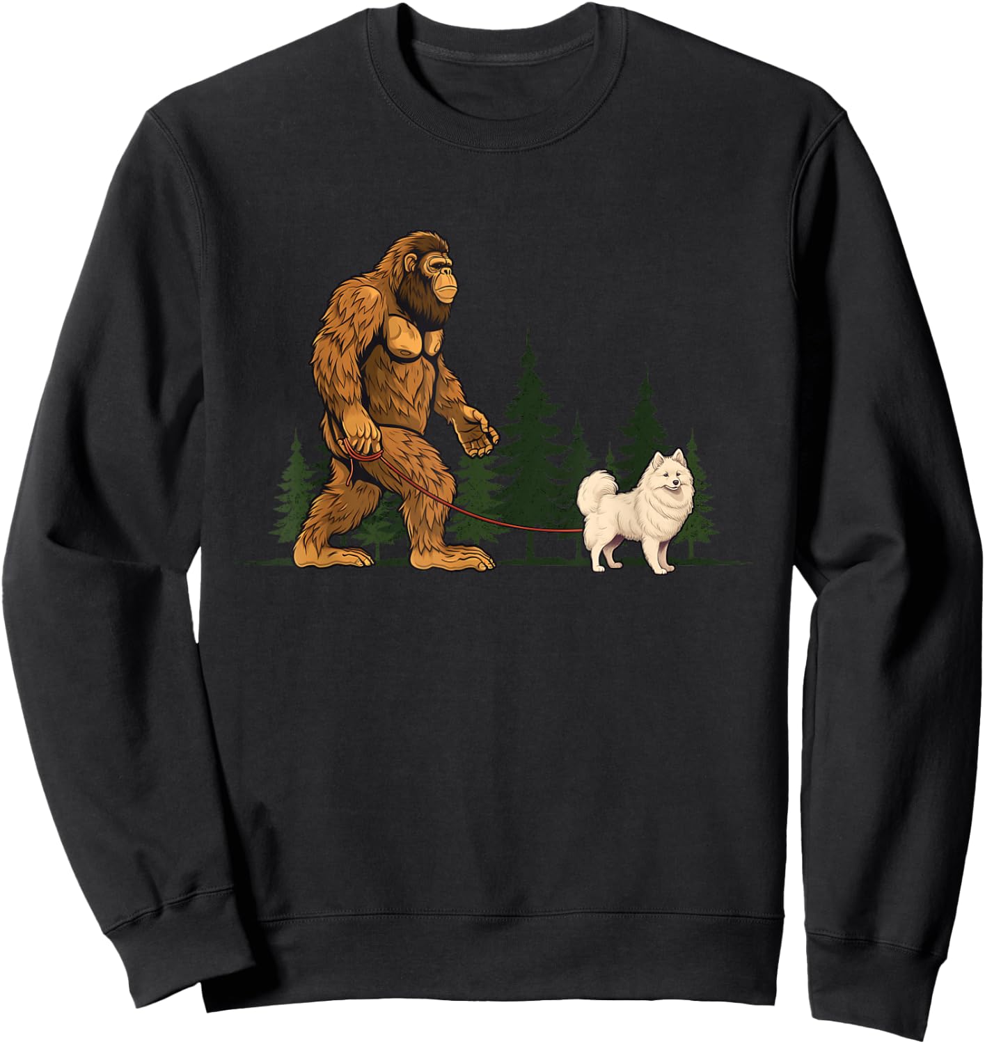 Funny American Eskimo Bigfoot Dog Walking Dog Mom Dad Kids Sweatshirt - Sweatshirt | Black