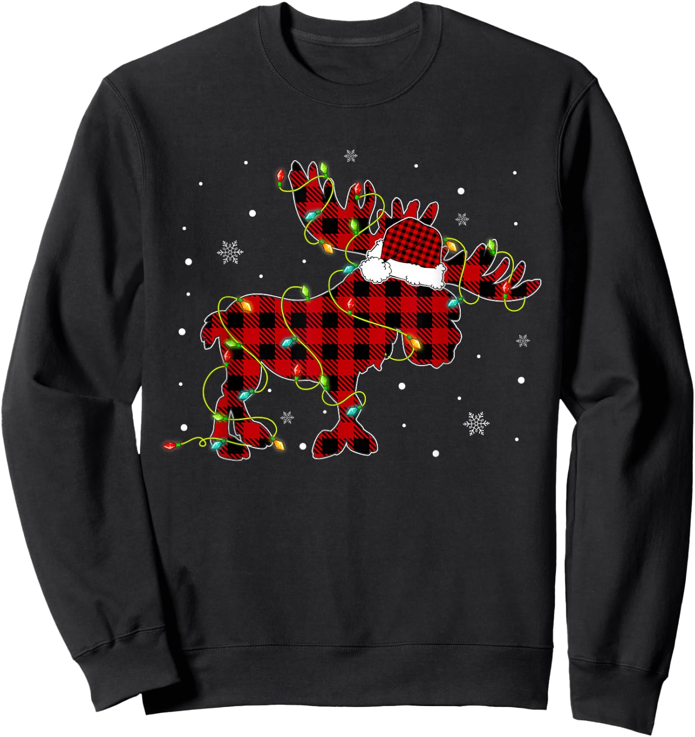 Red Buffalo Plaid Moose Santa Hat Christmas Tree Lights Xmas Sweatshirt - Sweatshirt | Black