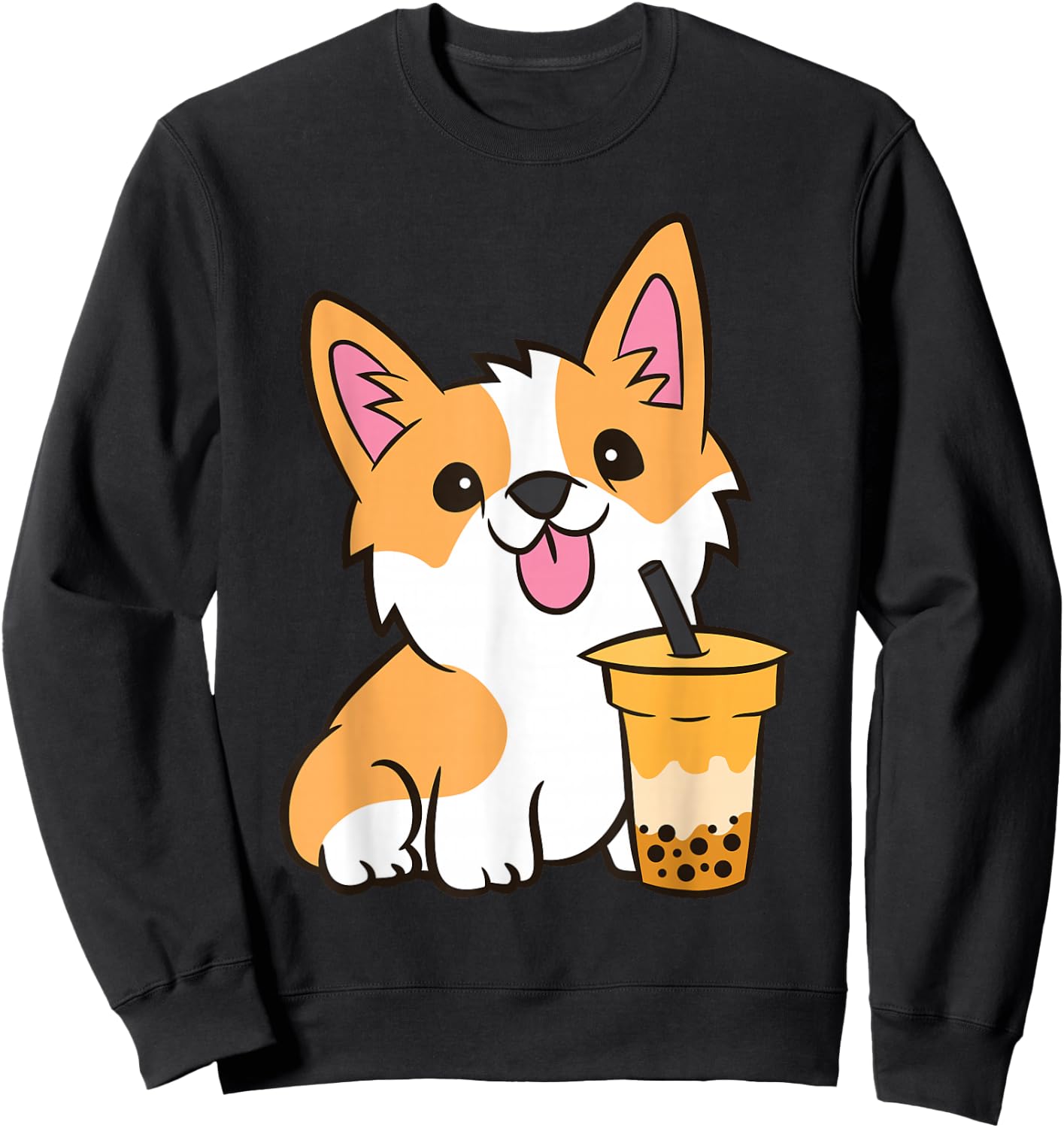 Kawaii Corgi Dog Drinking Bubble Tea Boba Tea Corgi Puppy Sweatshirt - Sweatshirt | Black