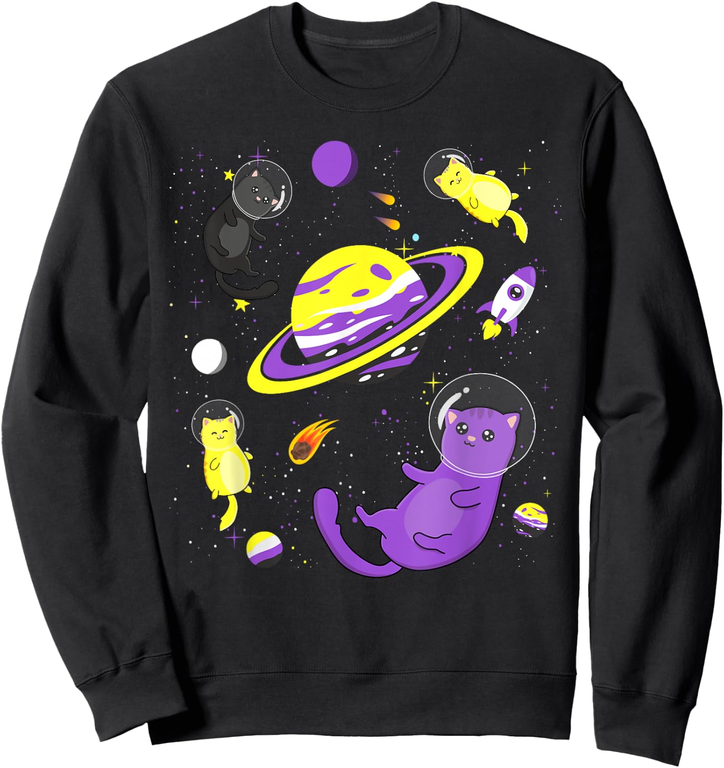 Funny Cat In Space Non-Binary Flag Agender Genderqueer Pride Women Sweatshirt - Sweatshirt | Black