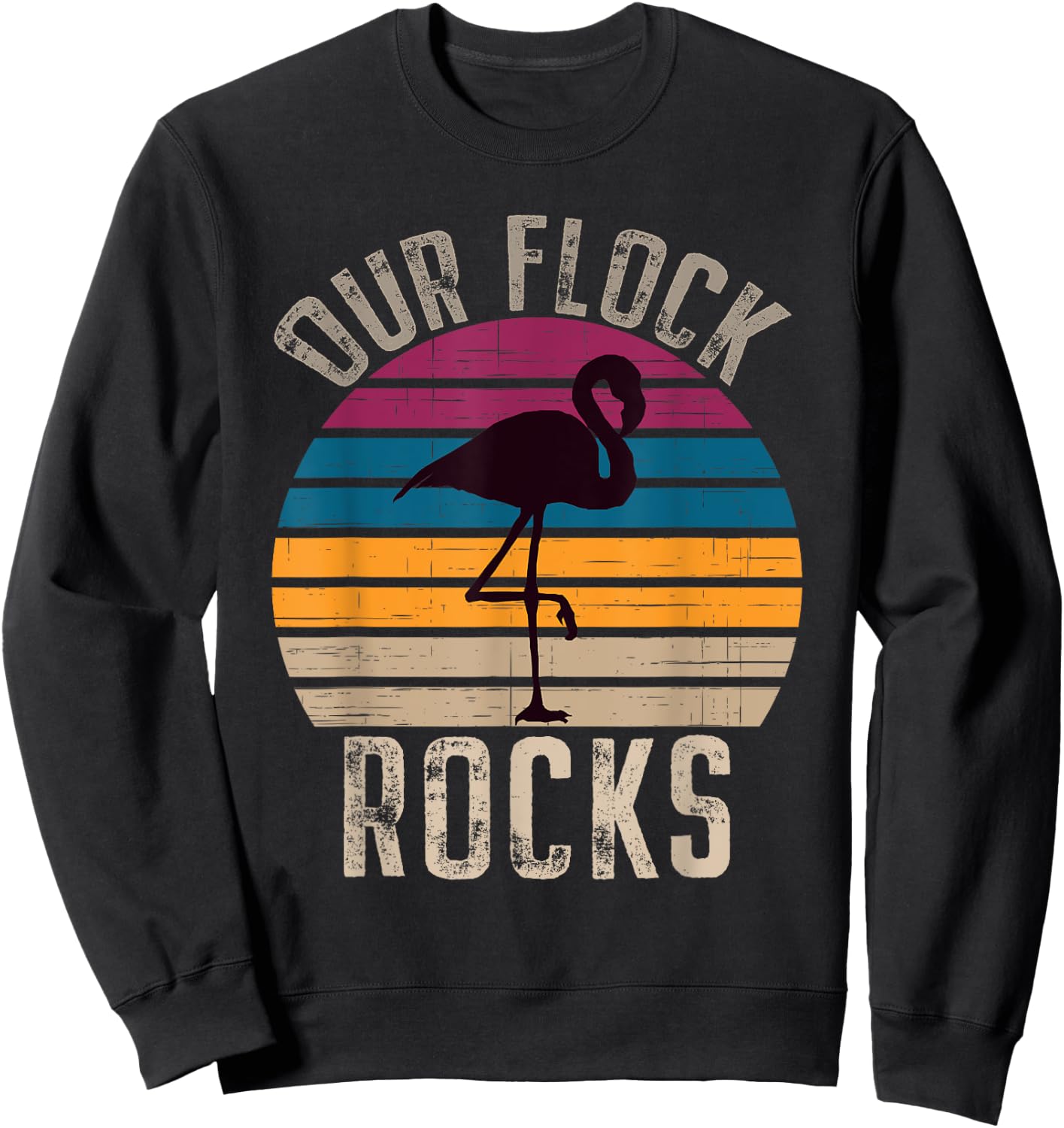 Our Flock Rocks Retro Vintage Flamingo Mothers Day Family Sweatshirt - Sweatshirt | Black