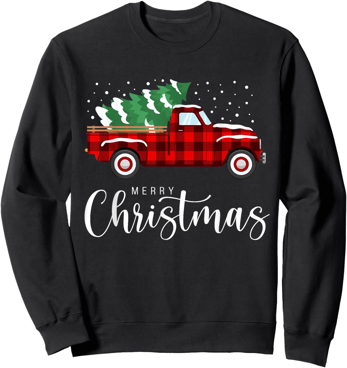Merry Christmas Red Truck Buffalo Plaid Xmas Retro Vintage Sweatshirt - Sweatshirt | Black