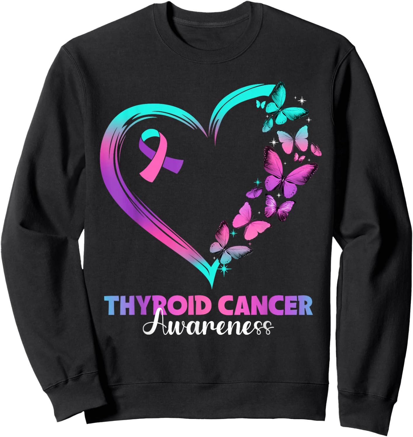 Butterfly Heart Ribbon Thyroid Cancer Awareness Warrior Sweatshirt - Sweatshirt | Black