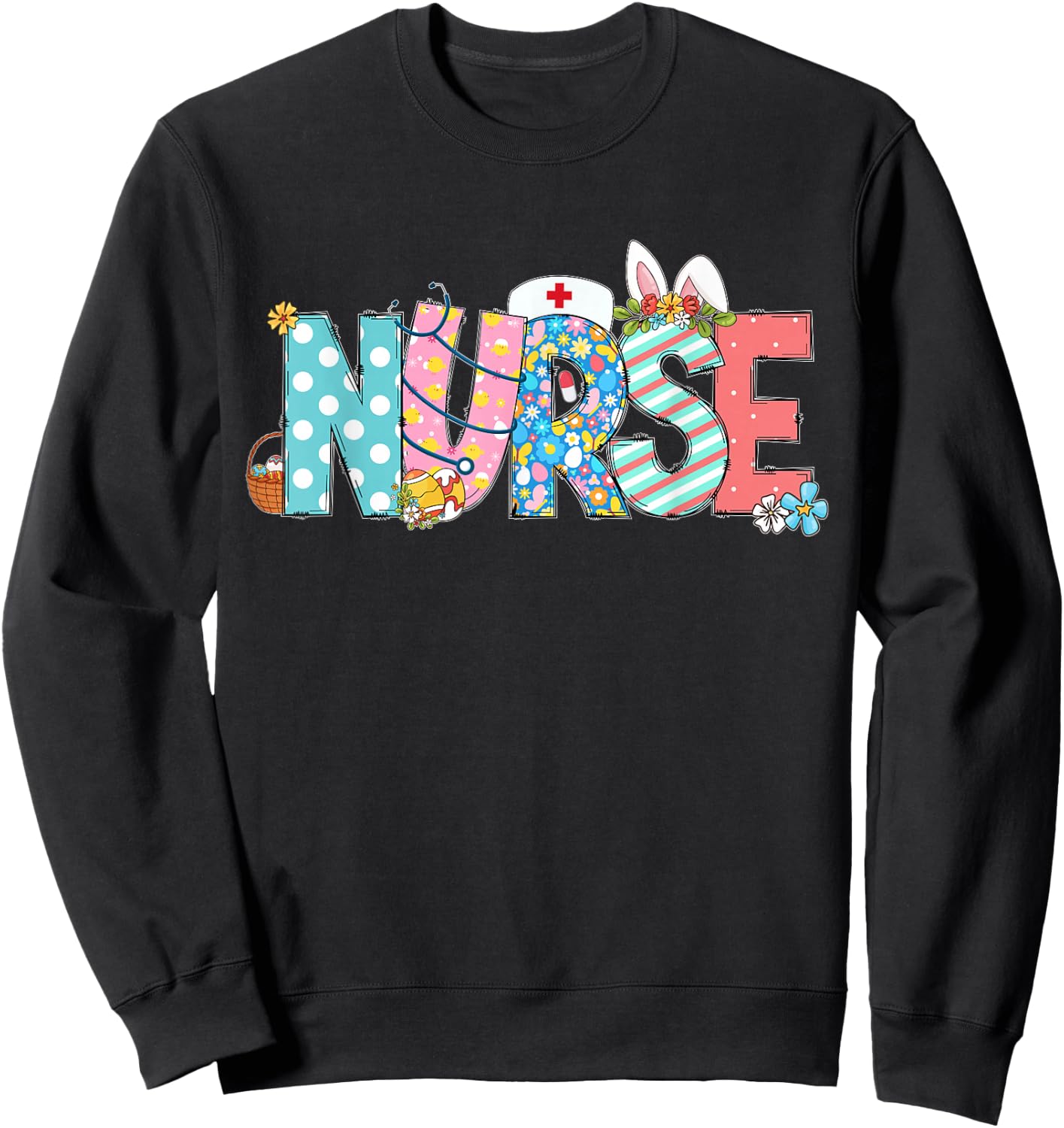 Easter Nurse With Stethoscope And Easter Eggs Nurse Easter Sweatshirt - Sweatshirt | Black