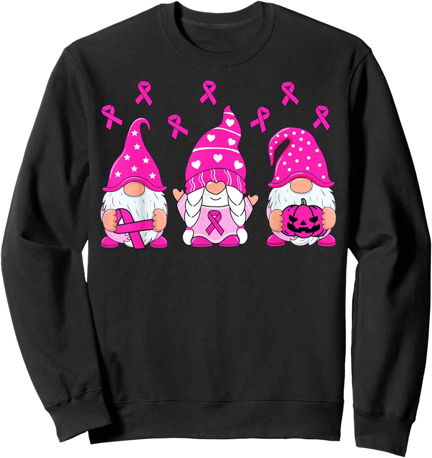 Breast Cancer Awareness Gnome Pumpkin Pink Ribbon Women Kids Sweatshirt - Sweatshirt | Black