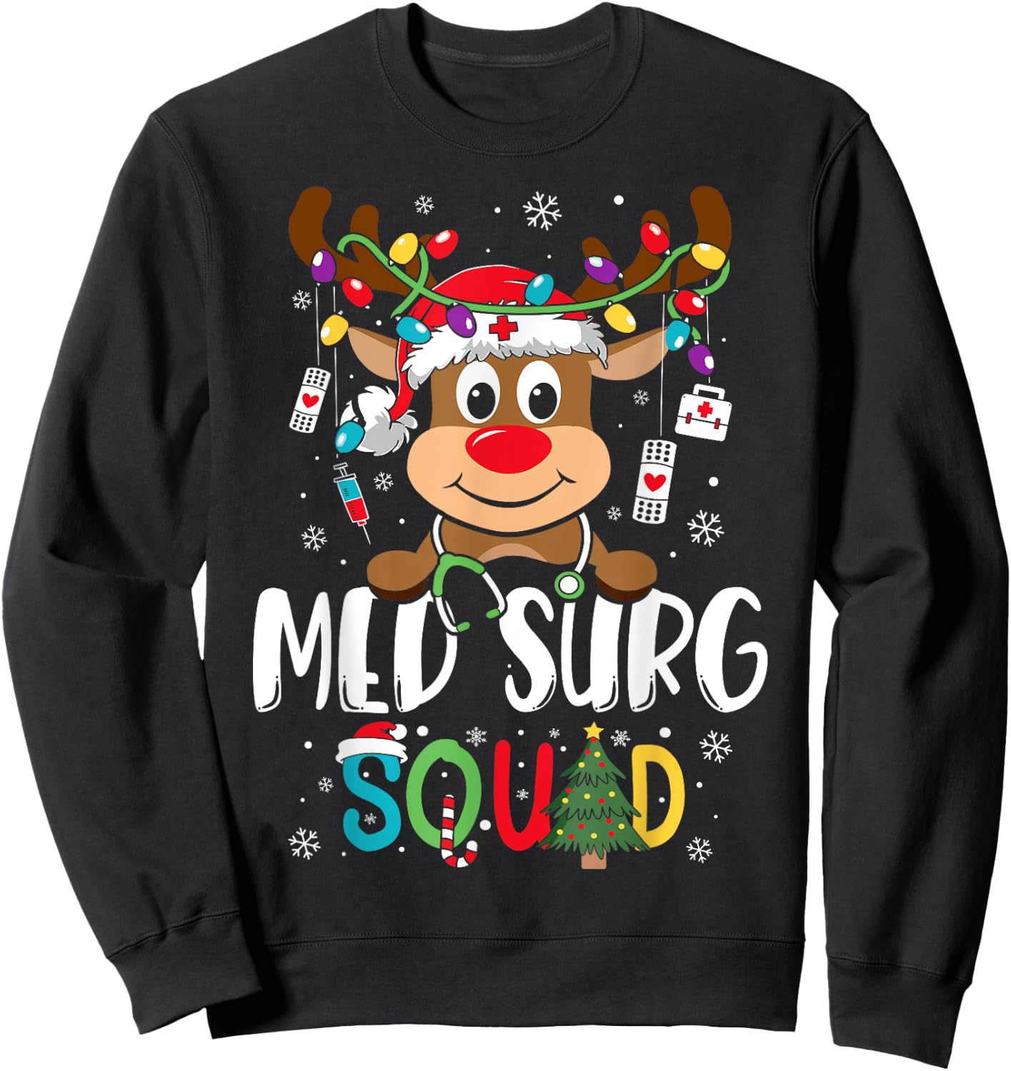 Med Surg Squad Reindeer Stethoscope Nurse Christmas Sweatshirt - Sweatshirt | Black
