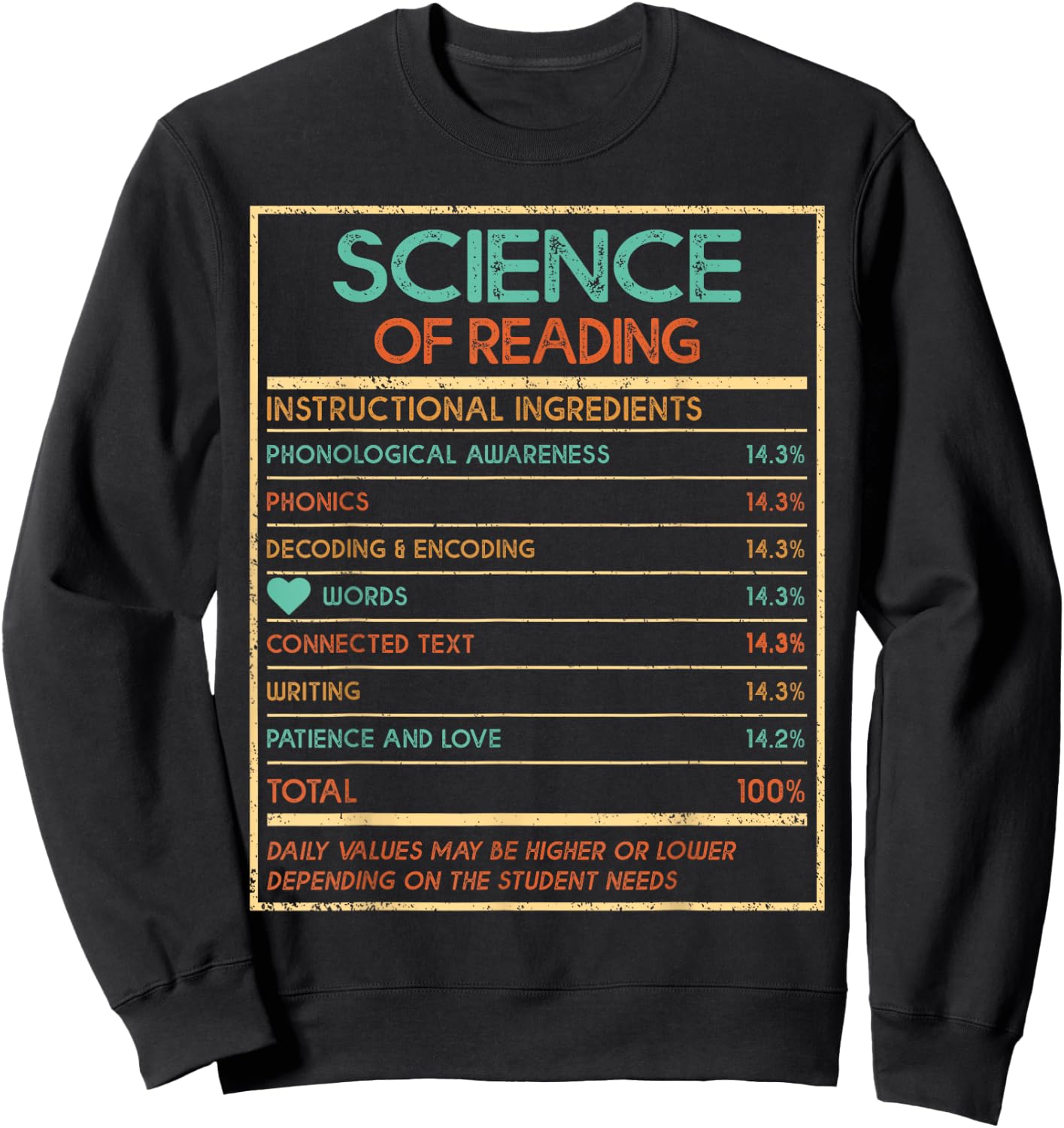 Reading Teacher Funny Science Of Reading Nutrition Facts Women Kids Sweatshirt - Sweatshirt | Black