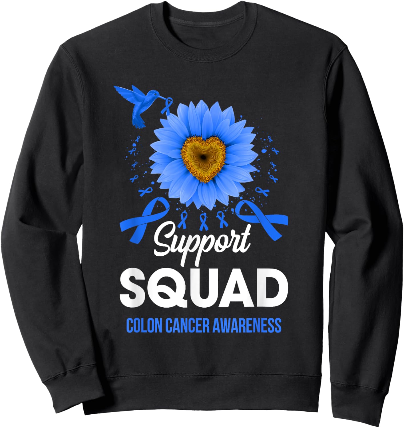 Support Squad Colon Cancer Awareness Sunflower Hummingbird Sweatshirt - Sweatshirt | Black