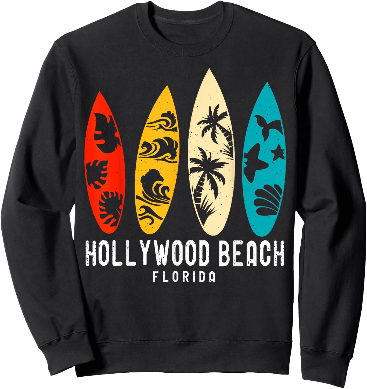 Vintage Hollywood Beach Florida Beach Surfing Surfboard Sweatshirt - Sweatshirt | Black