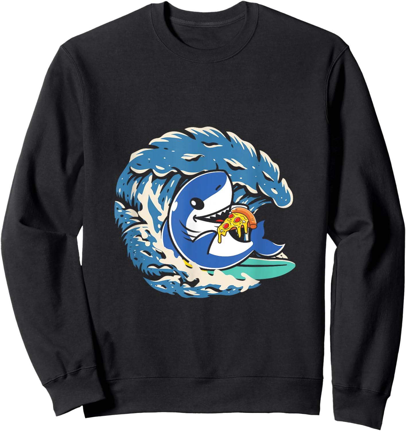 Surfing Shark Eating Pepperoni Pizza Sweatshirt - Sweatshirt | Black