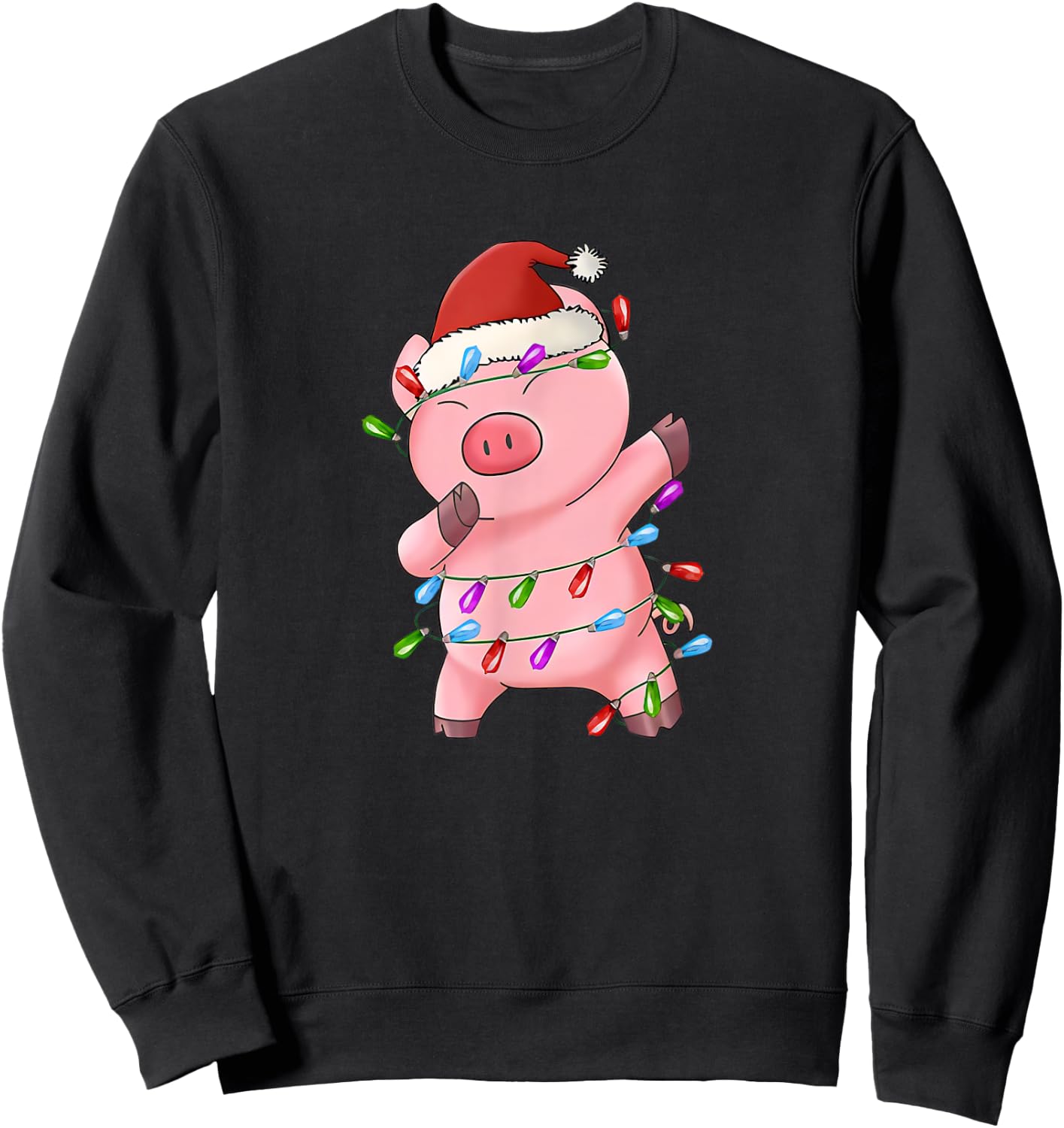 Dabbing Pig Santa Hat Christmas Tree Lights Funny Xmas Sweatshirt - Sweatshirt | Black