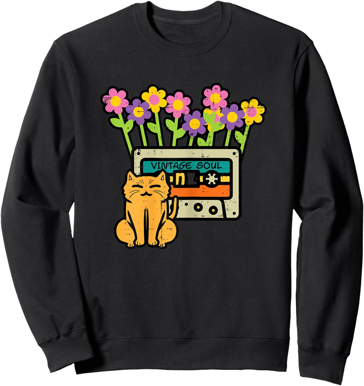Cat Casette Tape Vintage Soul Flowers Retro Mom Women Girls Sweatshirt - Sweatshirt | Black