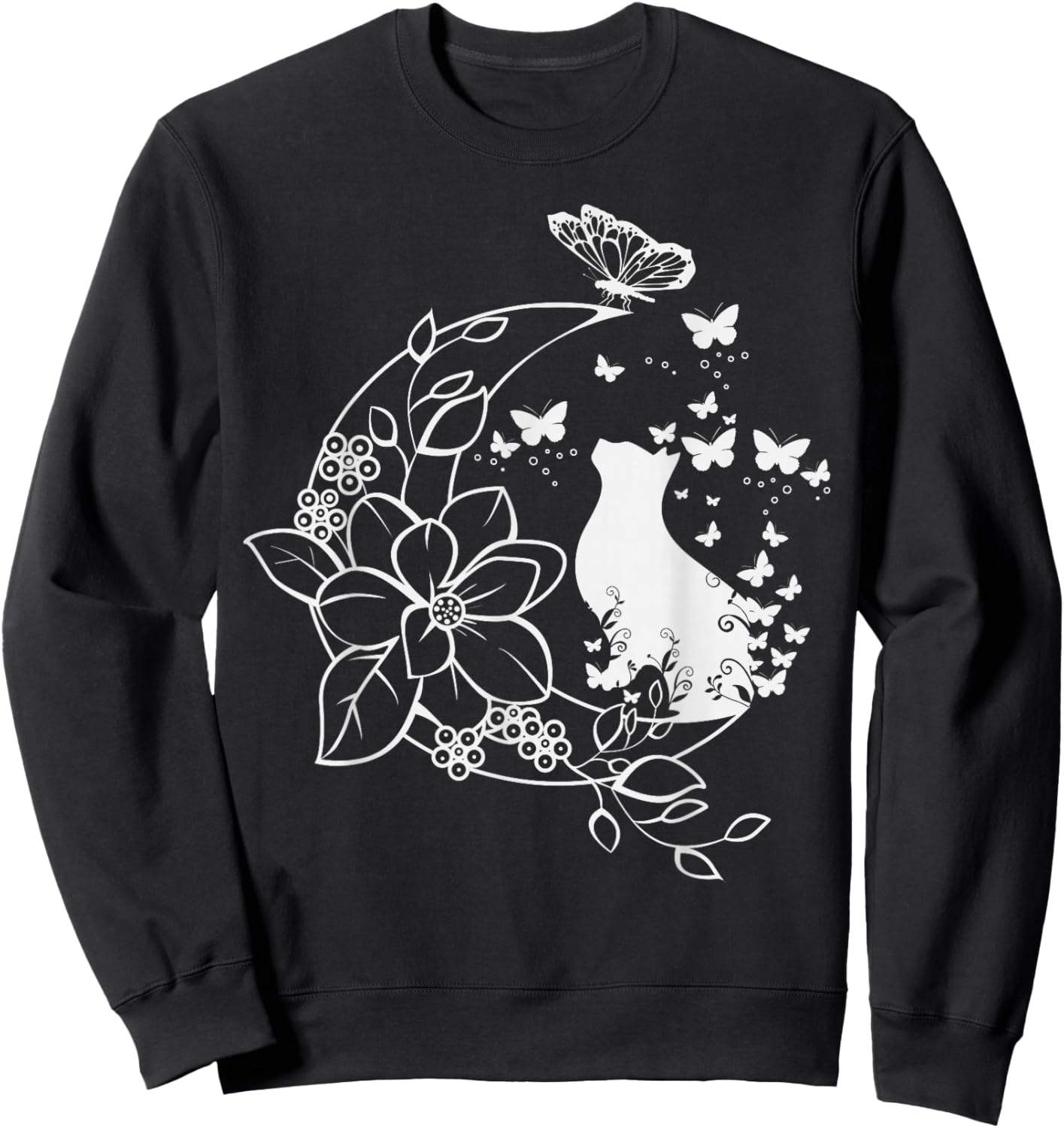Cat with floral crescent and butterflies. Sweatshirt - Sweatshirt | Black
