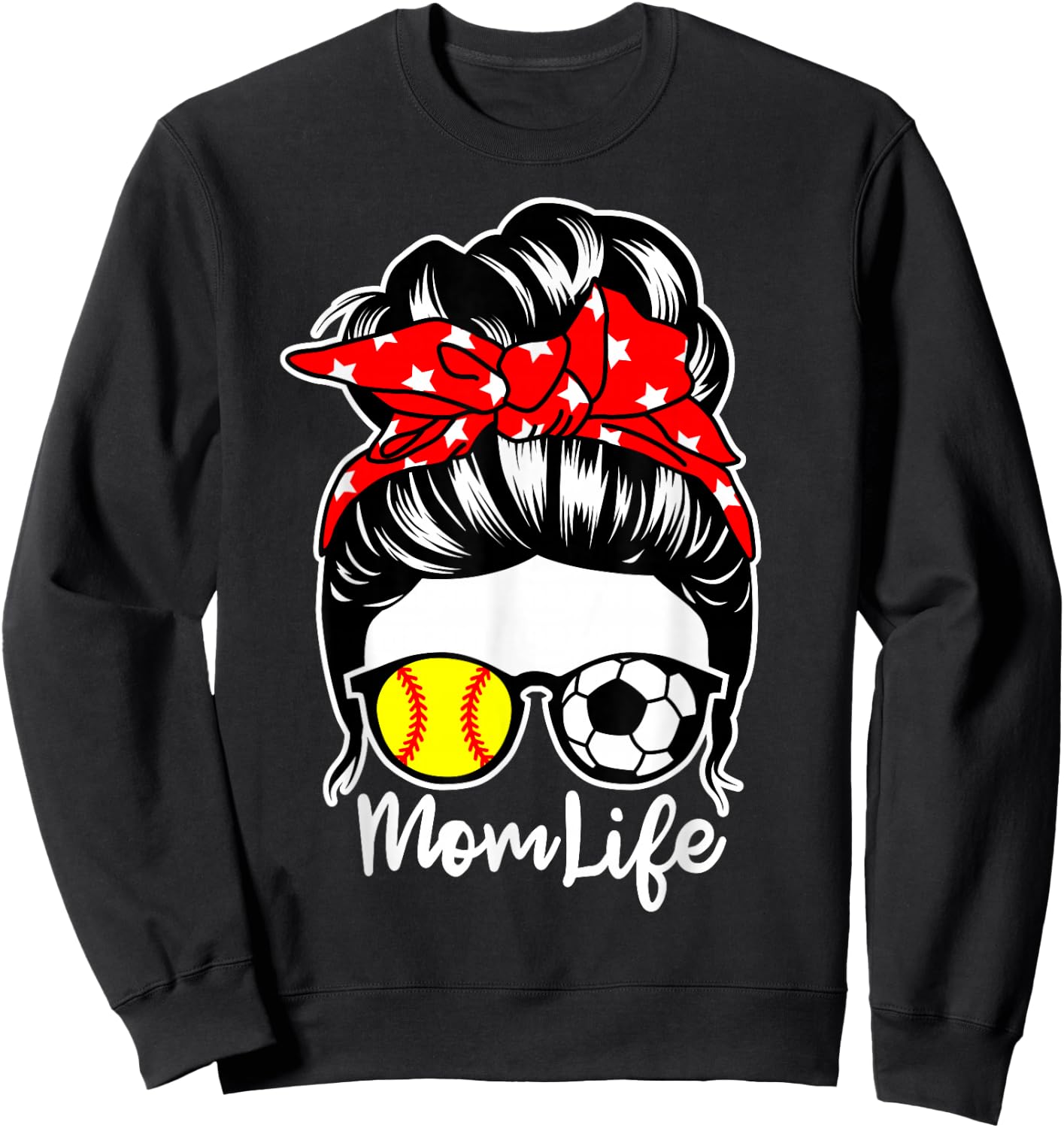 Mom Life Messy Bun Hair Soccer Softball Player Mom Sweatshirt - Sweatshirt | Black