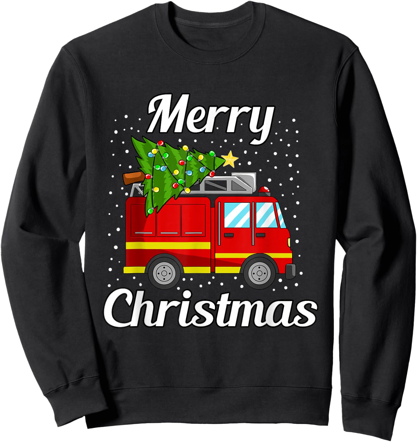 Merry Christmas Tree Firetruck Pajama Firefighter Fireman Sweatshirt - Sweatshirt | Black