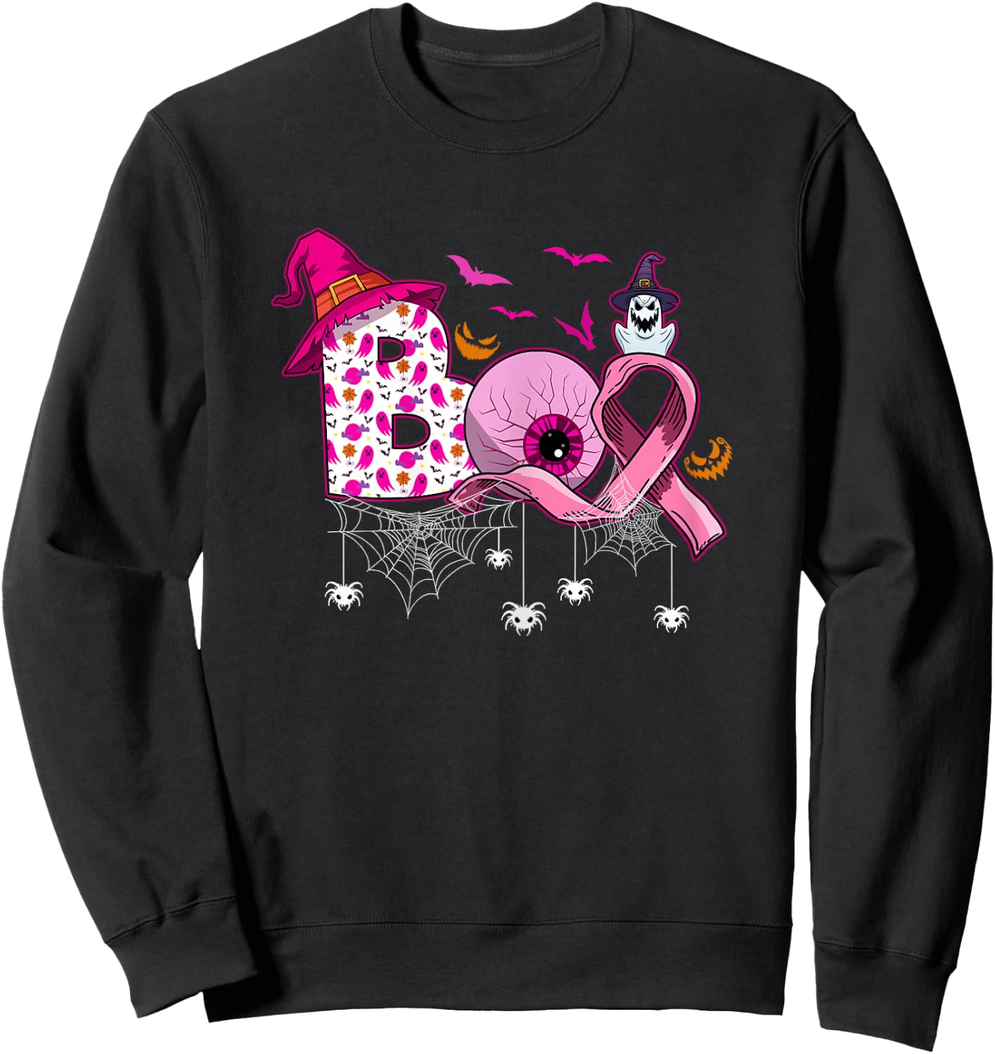 Boo Halloween Pumpkin Pink Ribbon Witch Breast Cancer Sweatshirt - Sweatshirt | Black