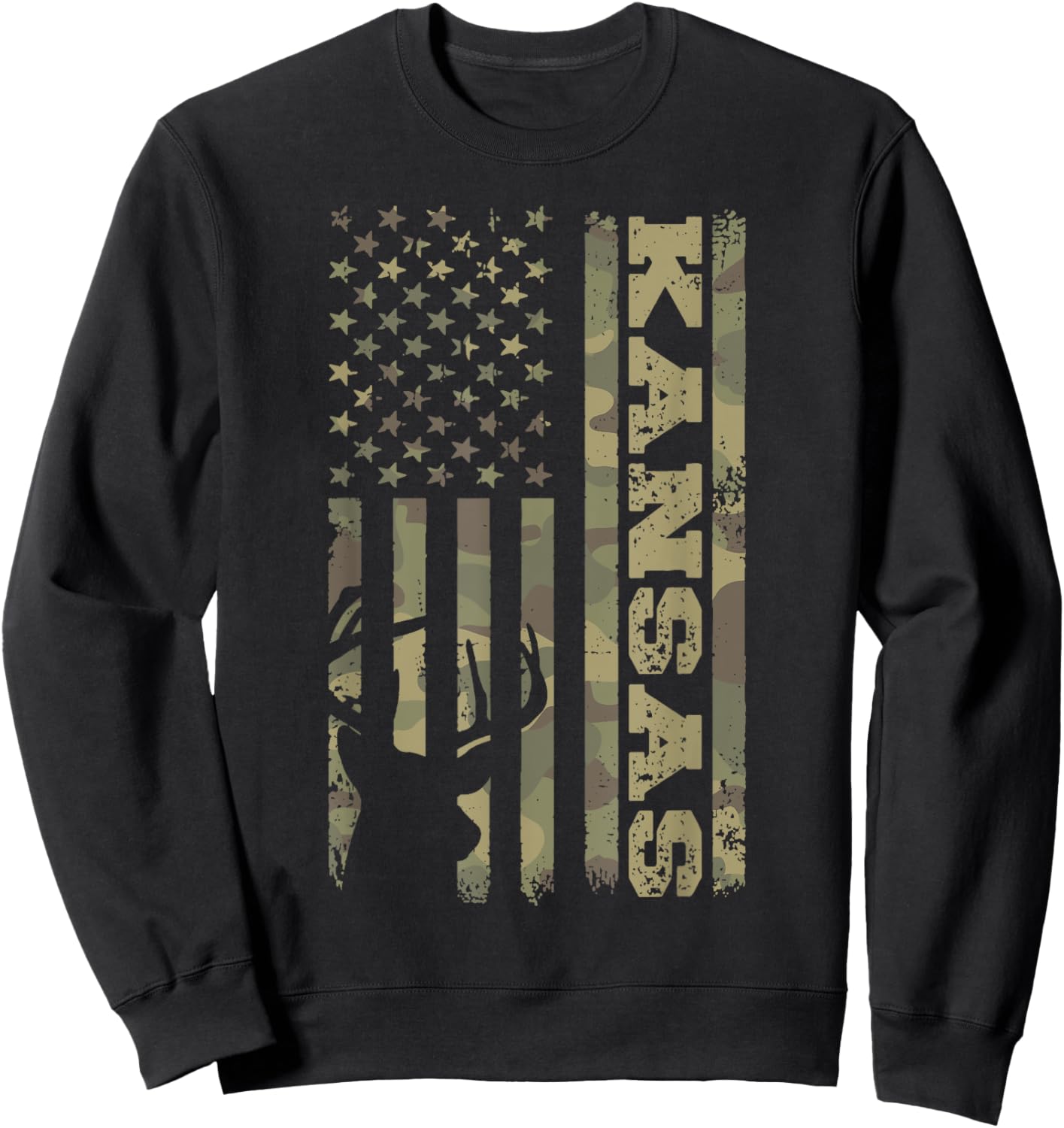 Kansas Deer Hunter Vintage Deer Hunting Camo USA Flag Sweatshirt - Sweatshirt | Black