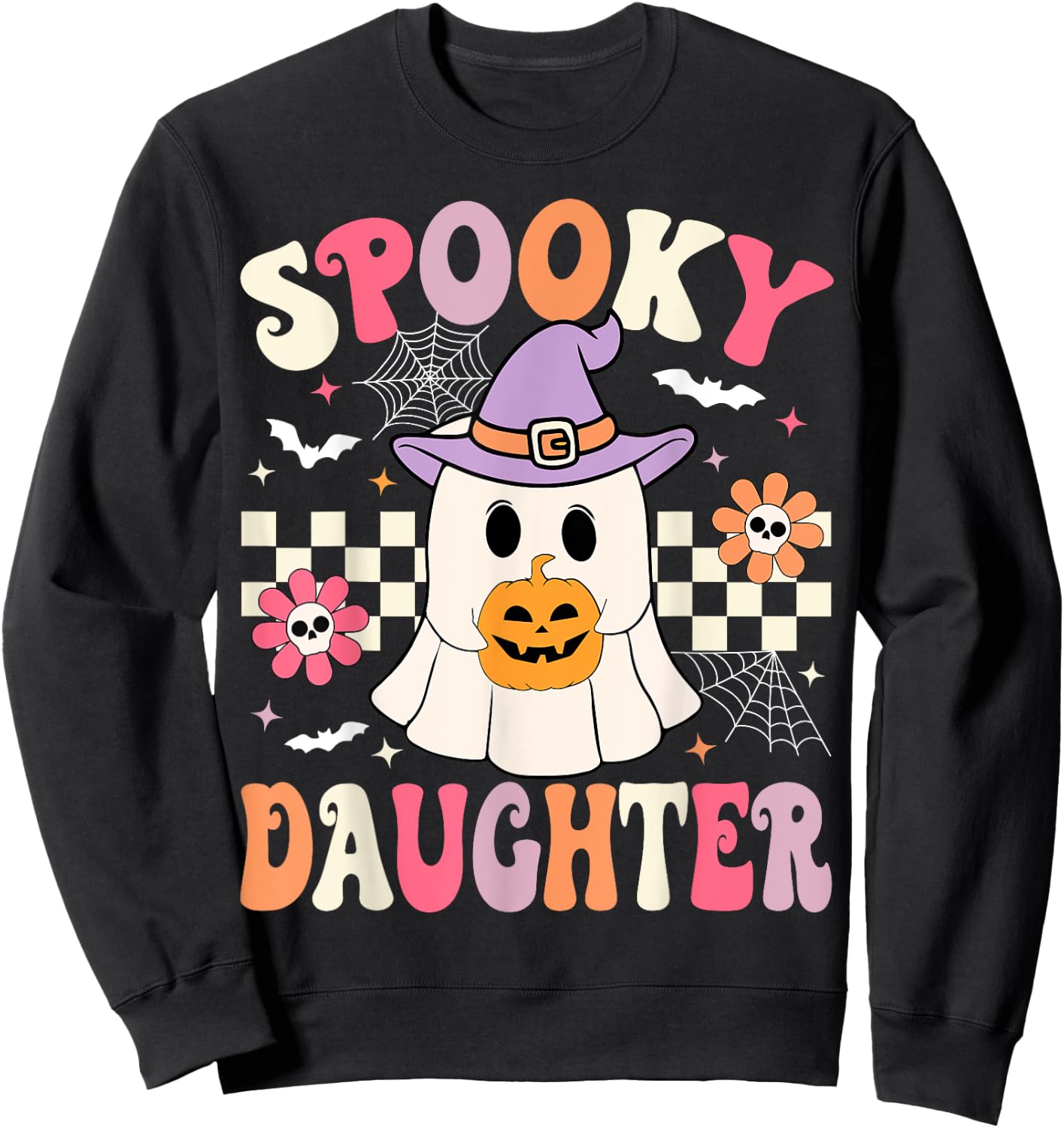 Groovy Spooky Daughter Retro Ghost Holding Pumpkin Halloween Sweatshirt - Sweatshirt | Black