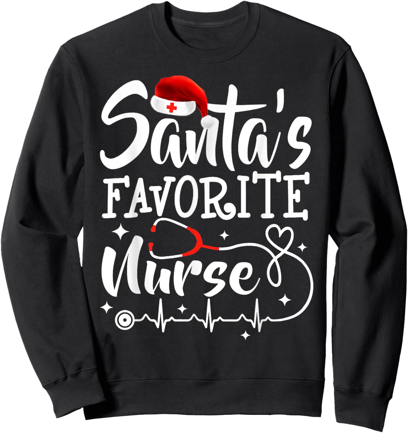 Santa's Favorite Nurse Christmas Scrub Top Stethoscope Xmas Sweatshirt - Sweatshirt | Black