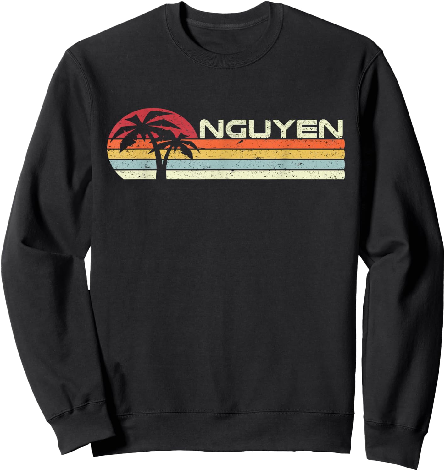 Nguyen Surname 80s 90s Vintage Sunset with Palm Trees Sweatshirt - Sweatshirt | Black